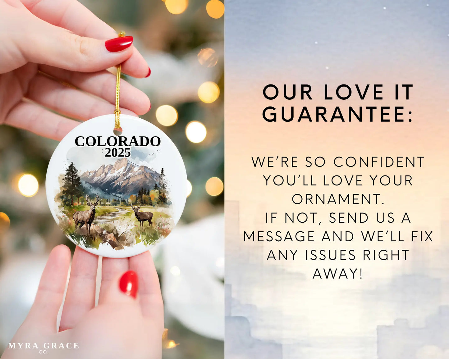 Custom Colorado ceramic photo ornament with personalized message – handmade Christmas bauble, gift souvenir, or vacation keepsake. love it guarantee