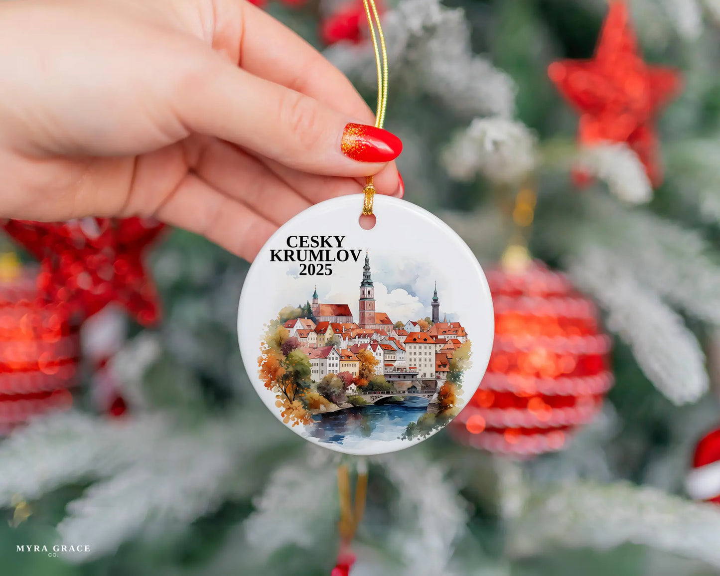 Custom Cesky Krumlov Czech Republic ceramic photo ornament with personalized message – handmade Christmas bauble, gift souvenir, or vacation keepsake.