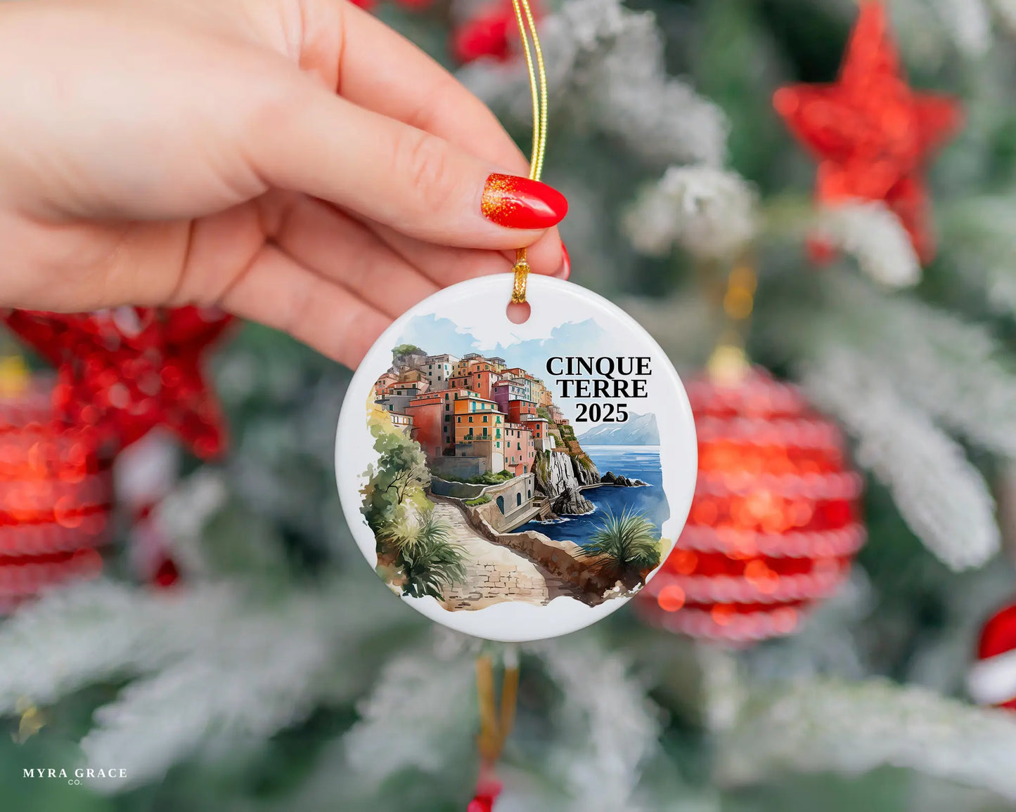 Custom Cinque Terre Italy ceramic photo ornament with personalized message – handmade Christmas bauble, gift souvenir, or vacation keepsake.