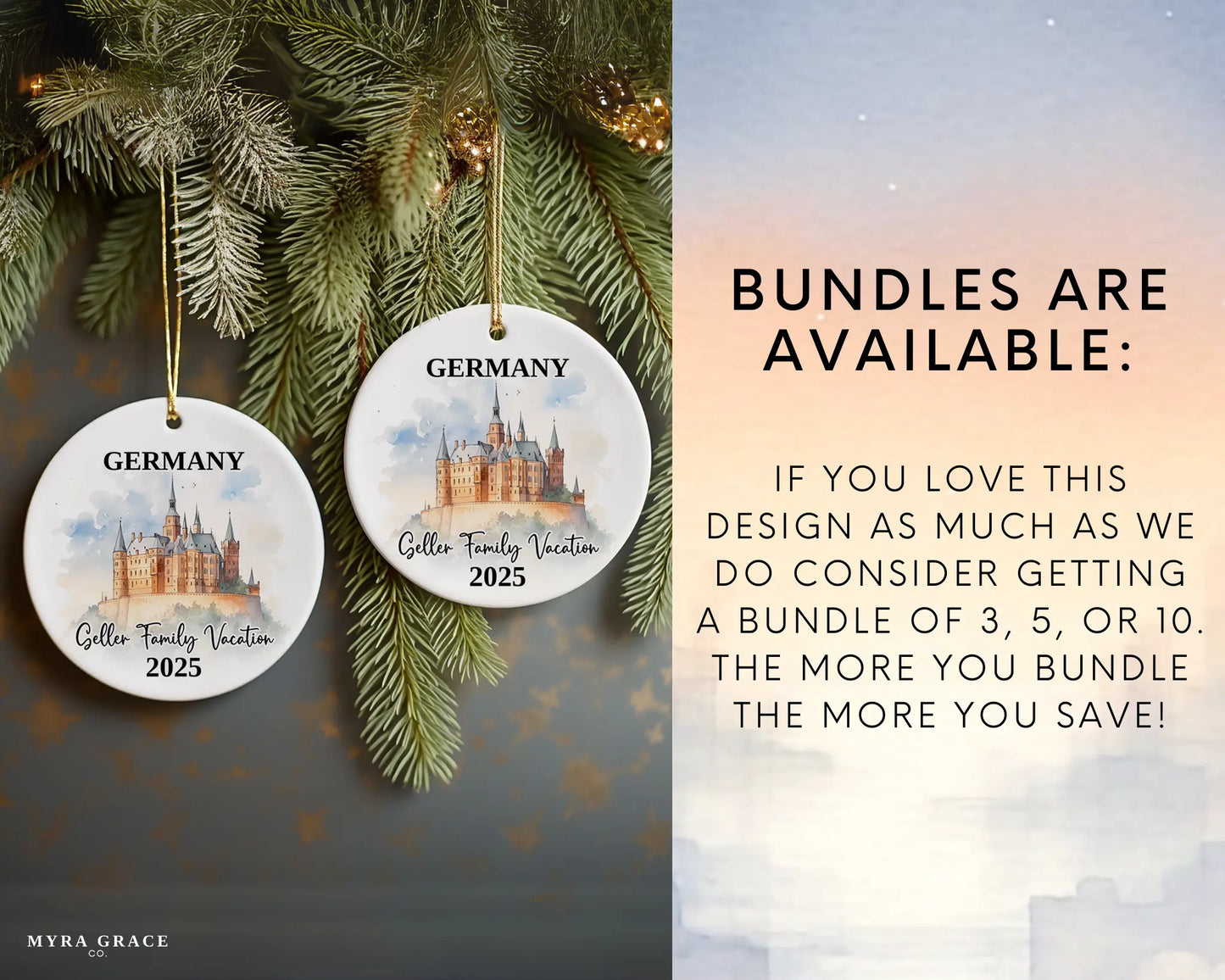 Custom vacation Germany ceramic photo ornament with personalized message – handmade Christmas bauble, gift souvenir, or vacation keepsake. Bundles are availble