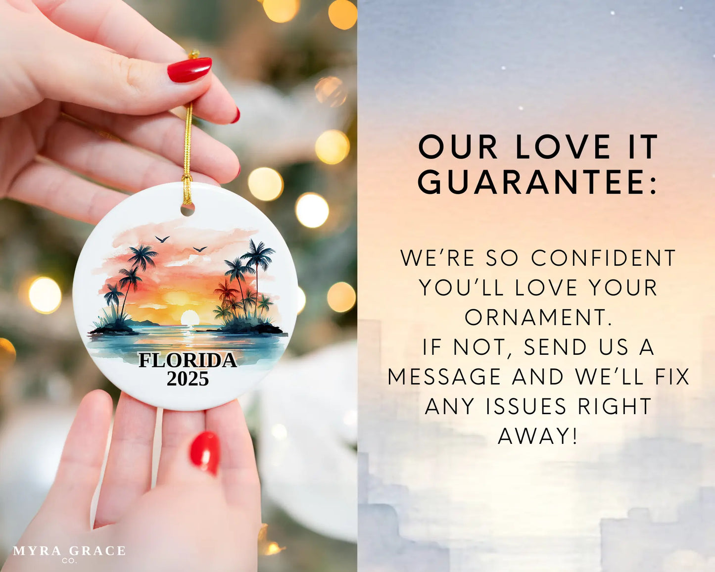Custom Florida ceramic photo ornament with personalized message – handmade Christmas bauble, gift souvenir, or vacation keepsake. Love it guarantee