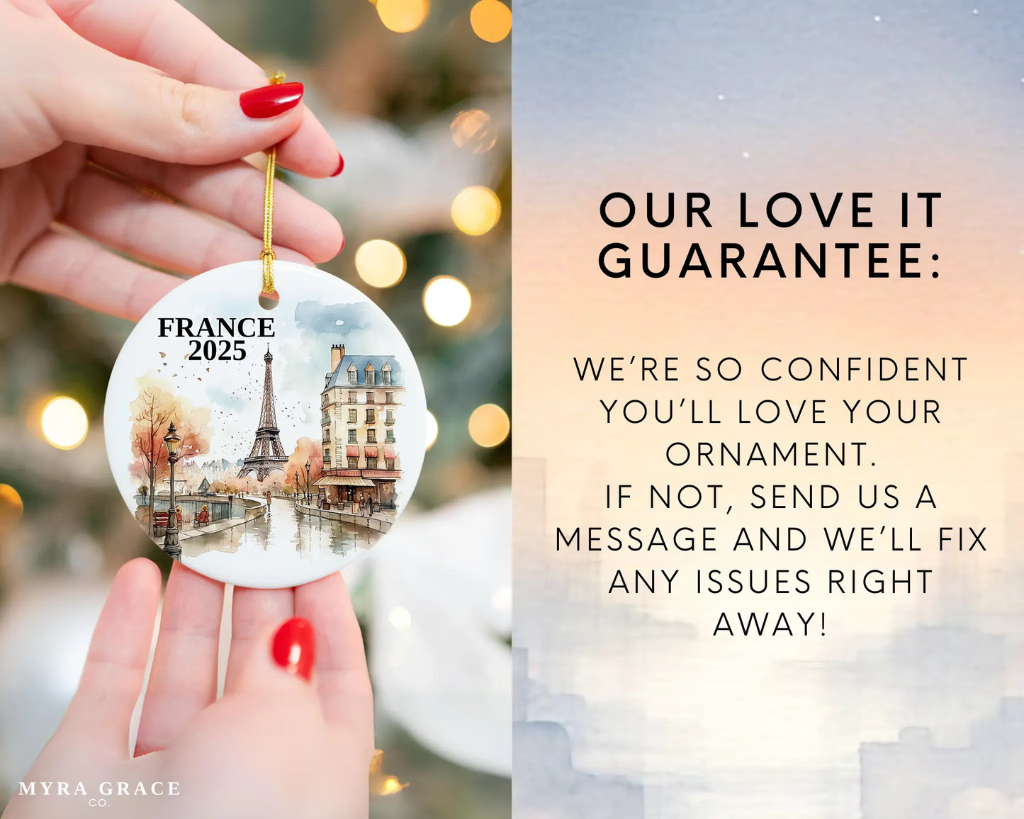 Custom France, Paris in Autumn ceramic photo ornament with personalized message – handmade Christmas bauble, gift souvenir, or vacation keepsake. love it guarantee