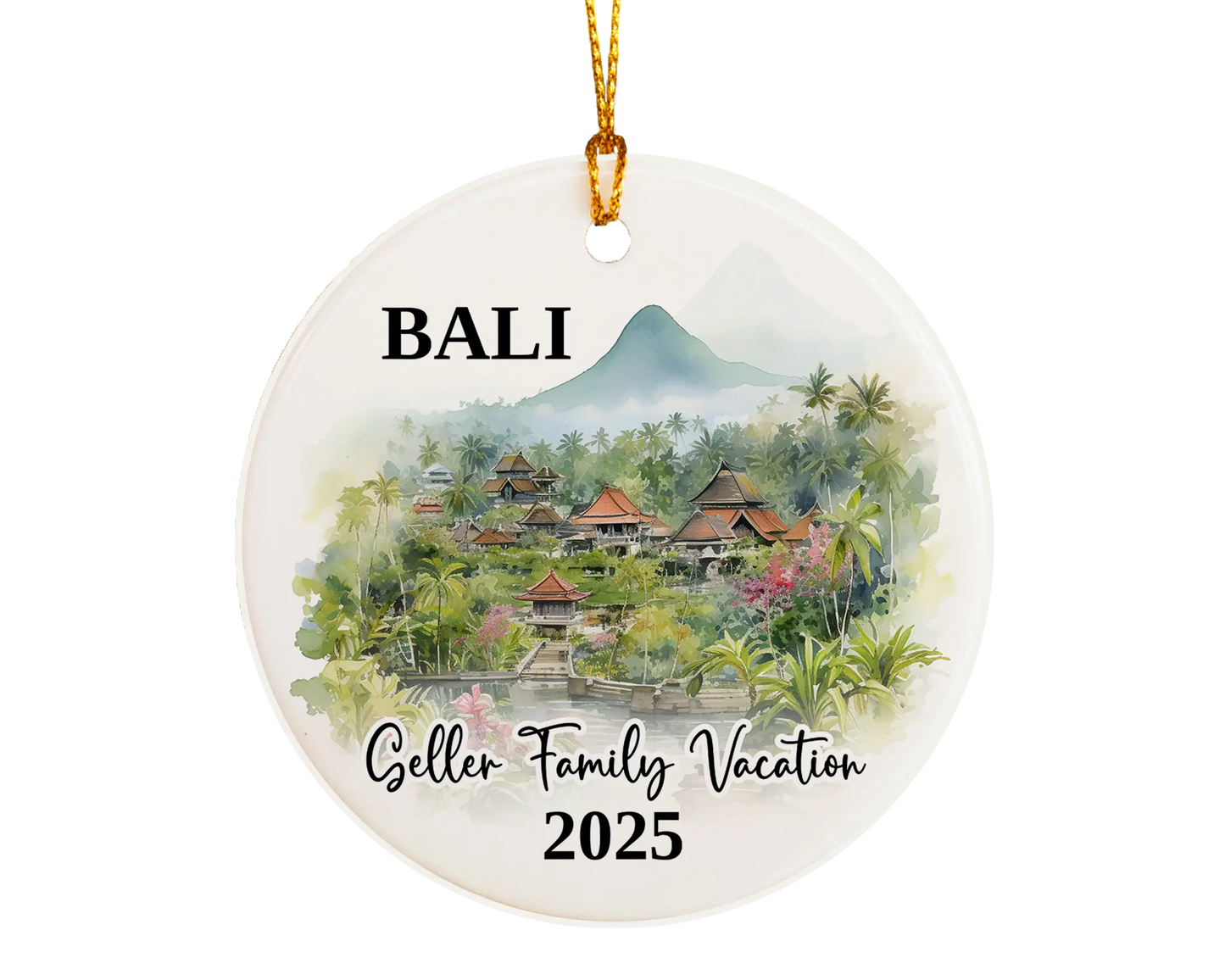 Custom vacation Bali Indonesia ceramic photo ornament with personalized message – handmade Christmas bauble, gift souvenir, or vacation keepsake.