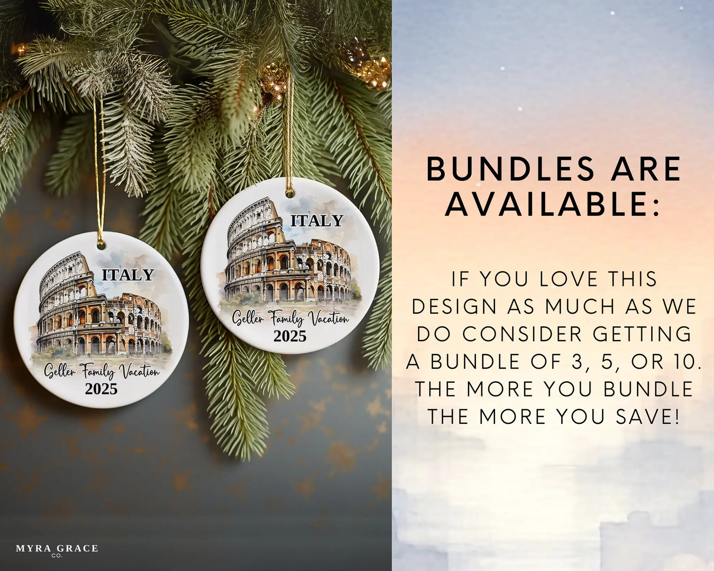 Custom vacation Italy Colosseum ceramic photo ornament with personalized message – handmade Christmas bauble, gift souvenir, or vacation keepsake. Bundles are available