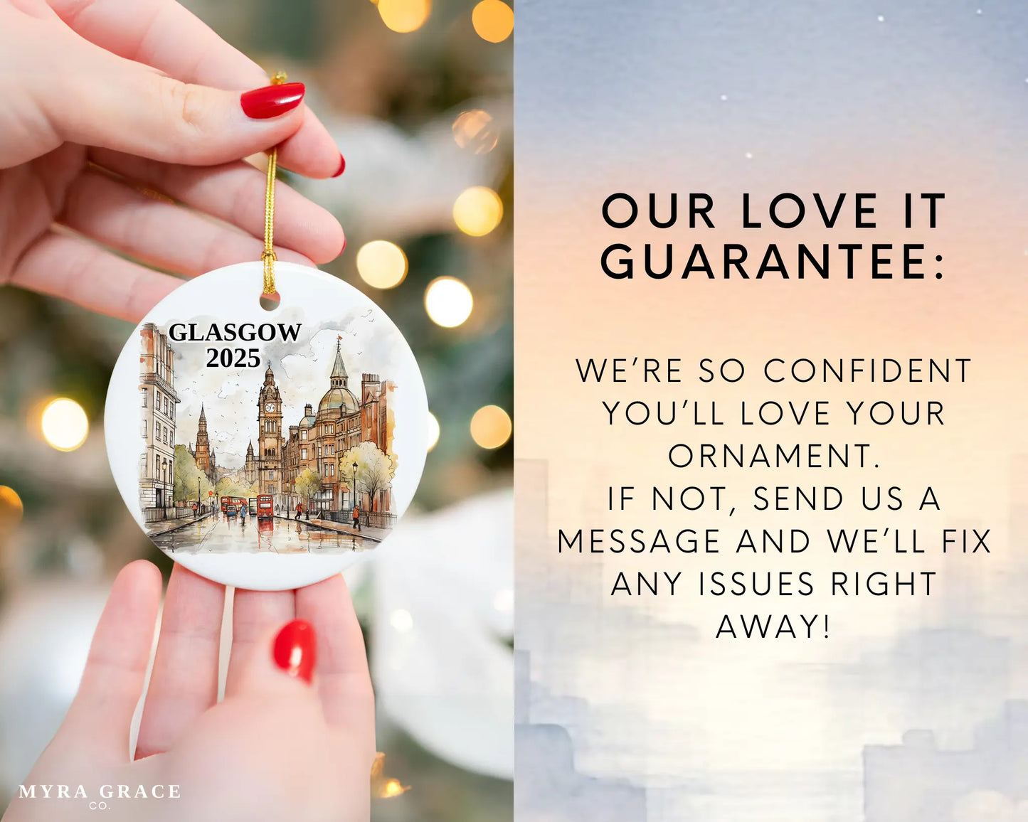 Custom Glasgow Scotland ceramic photo ornament with personalized message – handmade Christmas bauble, gift souvenir, or vacation keepsake. Love it guarantee