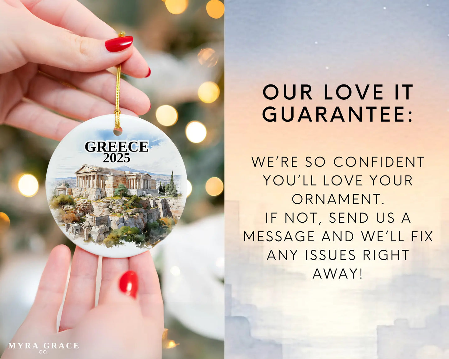 Custom Athens Greece ceramic photo ornament with personalized message – handmade Christmas bauble, gift souvenir, or vacation keepsake. Love it guarantee