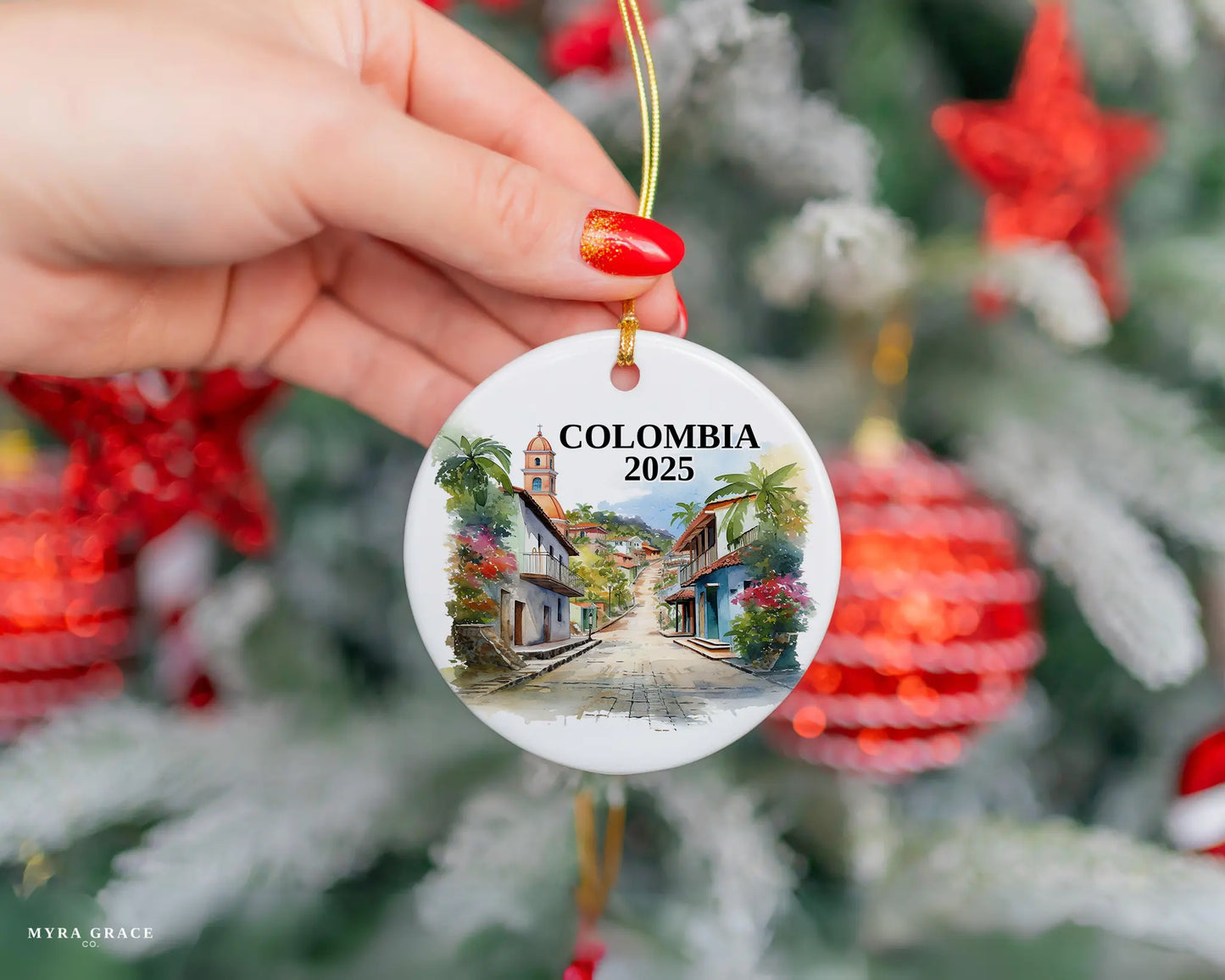 Custom Colombia ceramic photo ornament with personalized message – handmade Christmas bauble, gift souvenir, or vacation keepsake.
