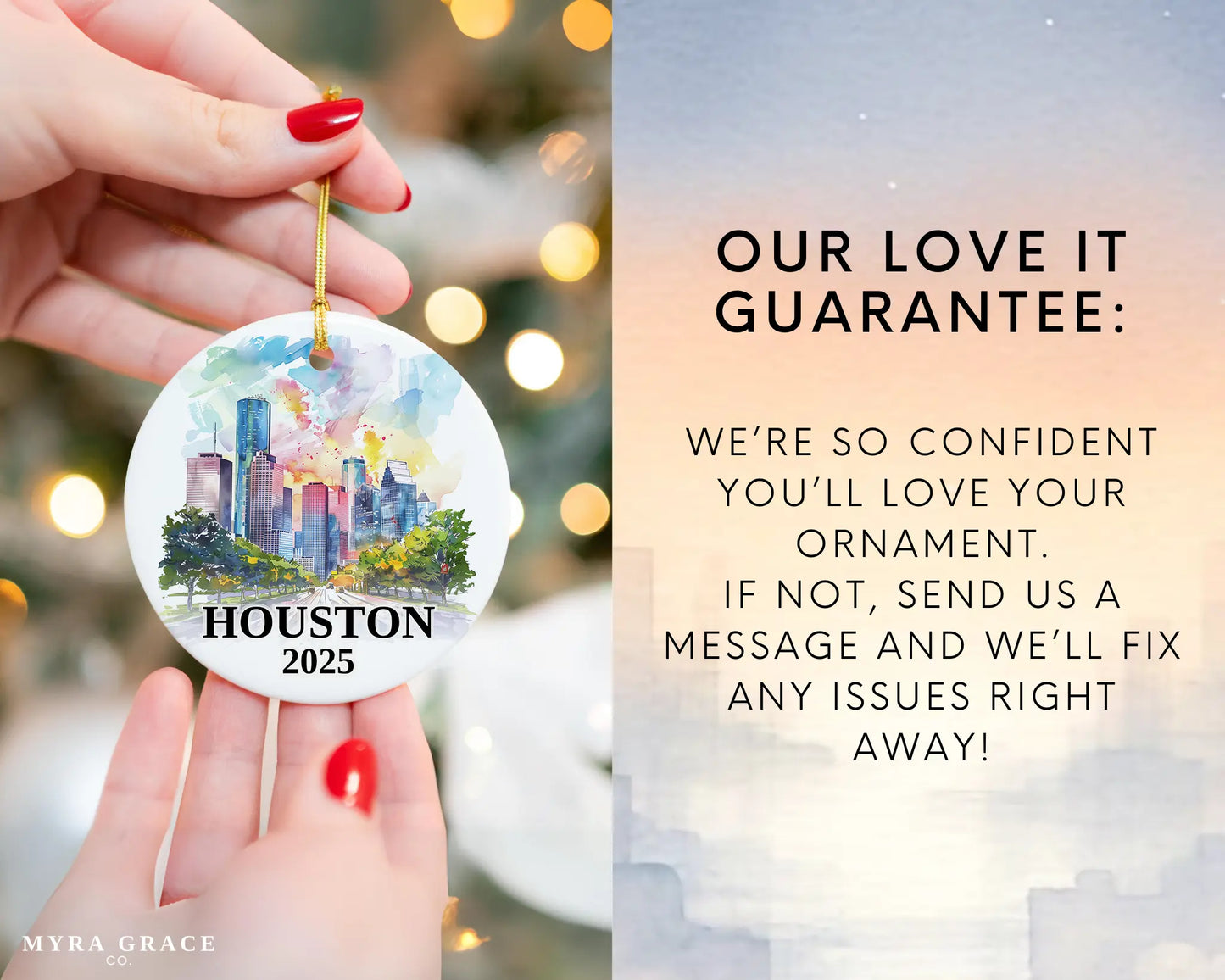 Custom Houston Texas ceramic photo ornament with personalized message – handmade Christmas bauble, gift souvenir, or vacation keepsake. love it guarantee