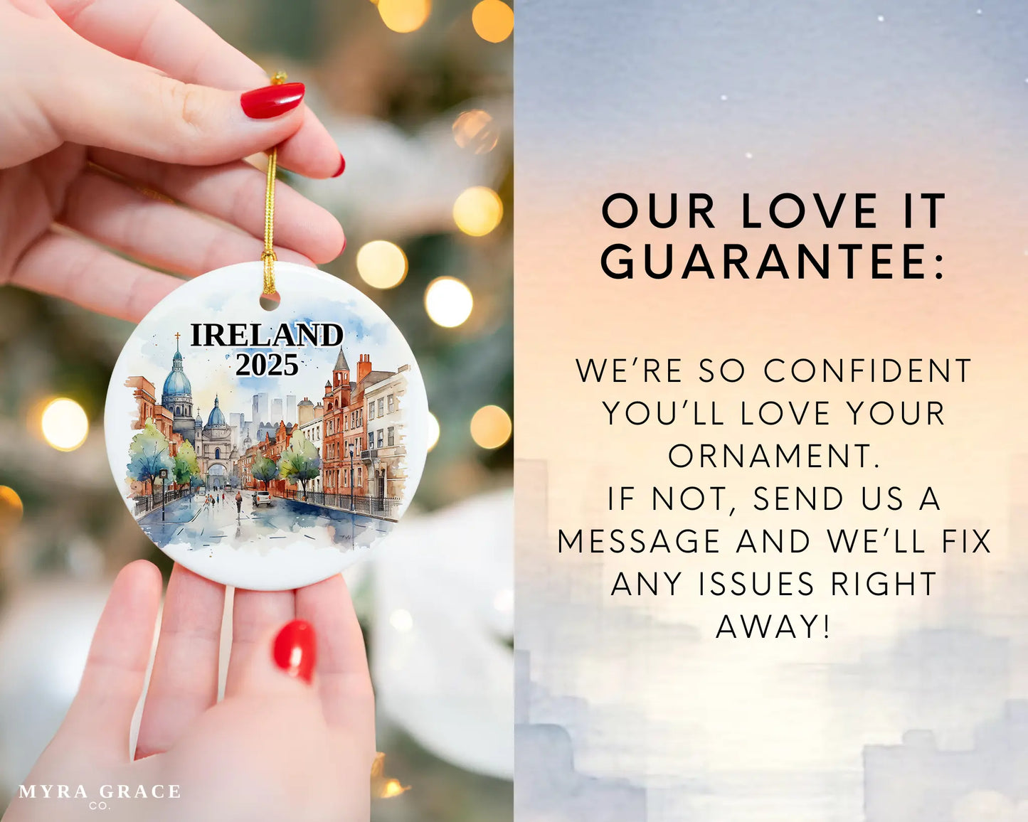 Custom Ireland ceramic photo ornament with personalized message – handmade Christmas bauble, gift souvenir, or vacation keepsake. Love it guarantee