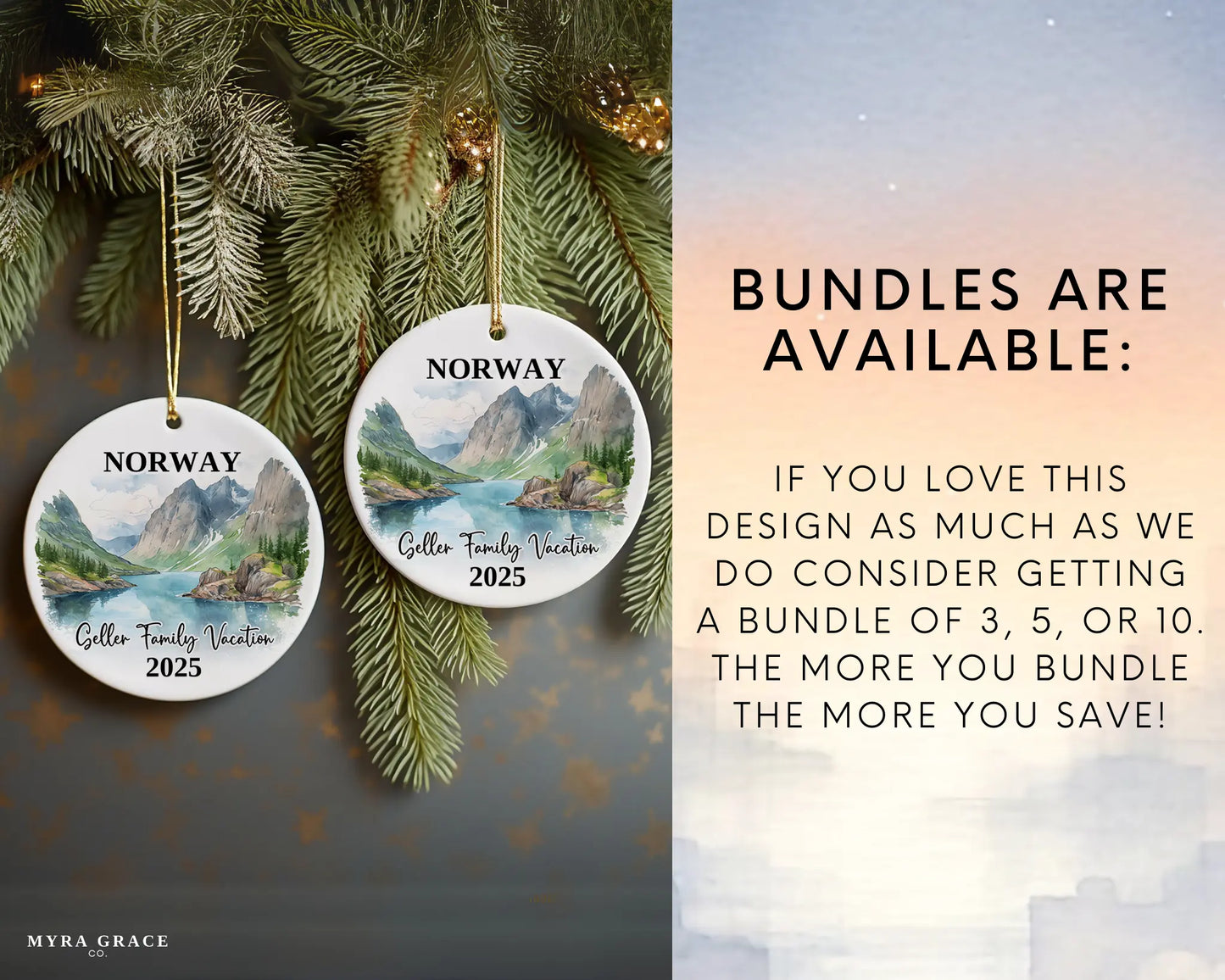Custom vacation Norway ceramic photo ornament with personalized message – handmade Christmas bauble, gift souvenir, or vacation keepsake. Bundles are available