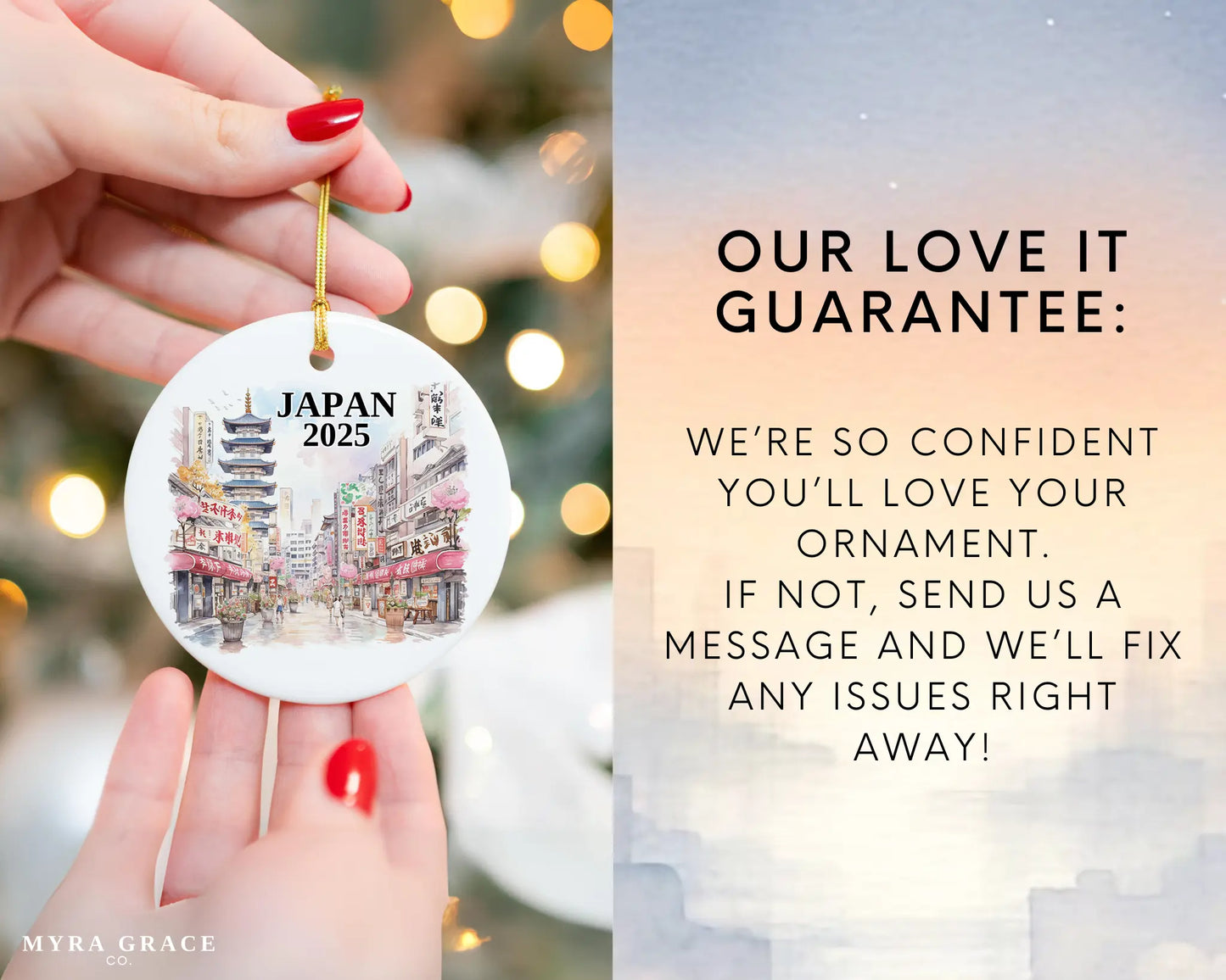 Custom Japan ceramic photo ornament with personalized message – handmade Christmas bauble, gift souvenir, or vacation keepsake. Love it guarantee