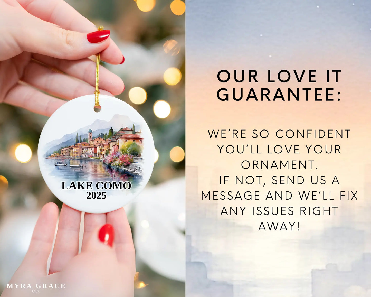 Custom Lake Como Italy ceramic photo ornament with personalized message – handmade Christmas bauble, gift souvenir, or vacation keepsake. Love it guarantee