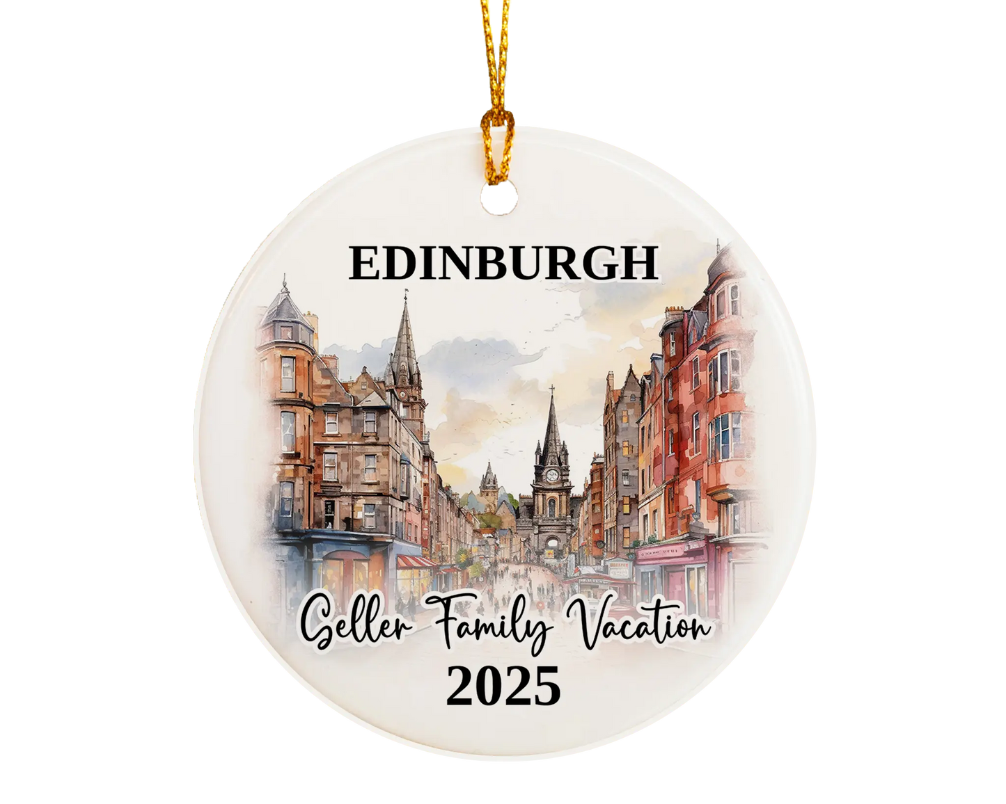 Custom vacation Edinburgh Scotland ceramic photo ornament with personalized message – handmade Christmas bauble, gift souvenir, or vacation keepsake.