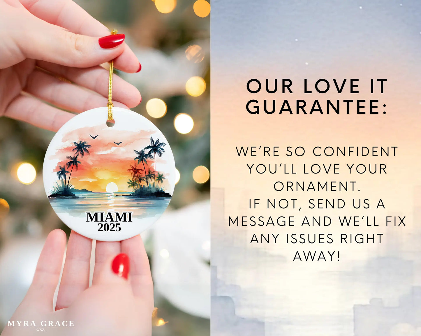 Custom Miami Florida ceramic photo ornament with personalized message – handmade Christmas bauble, gift souvenir, or vacation keepsake. Love it guarantee
