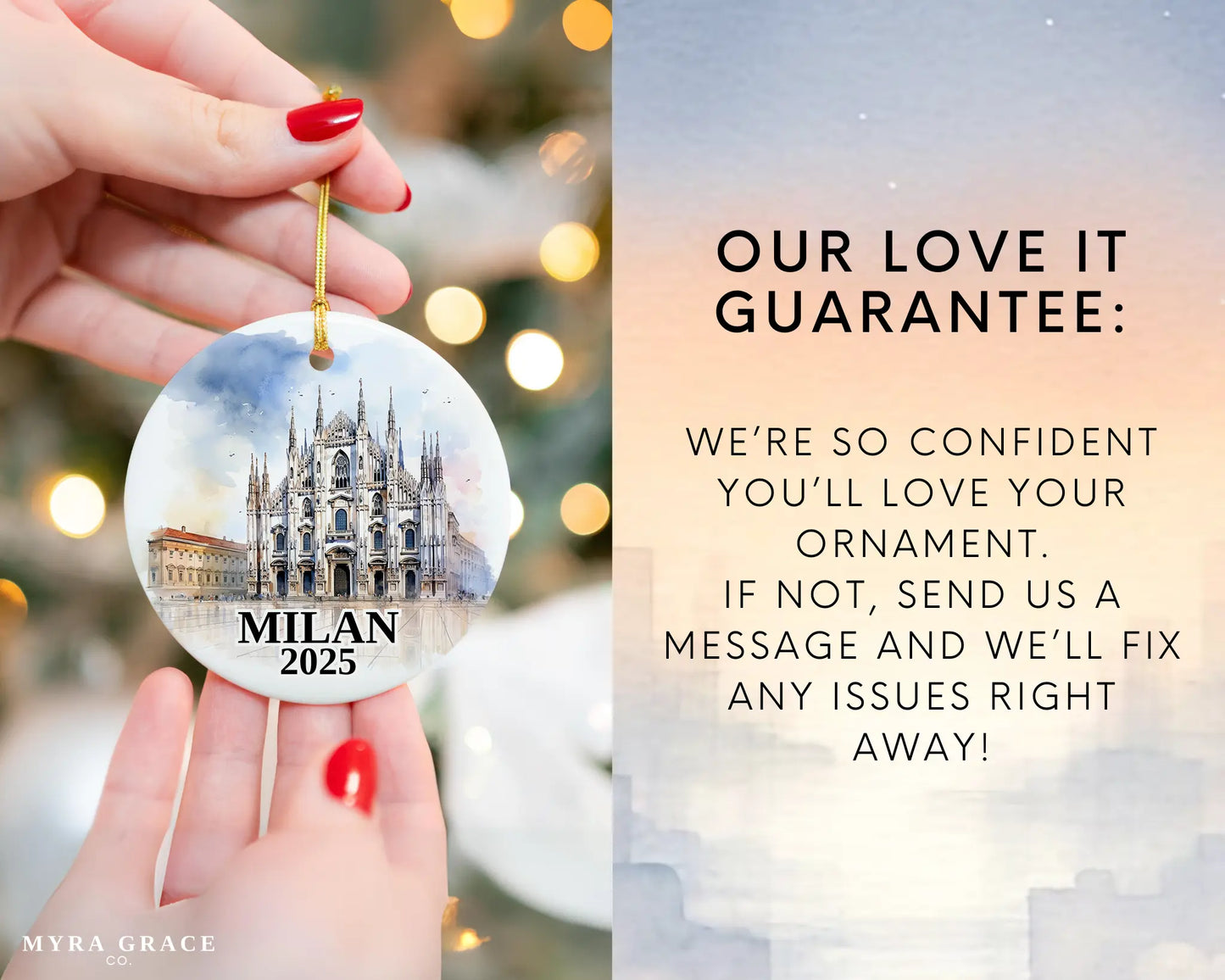 Custom Milan Italy ceramic photo ornament with personalized message – handmade Christmas bauble, gift souvenir, or vacation keepsake. Love it guarantee