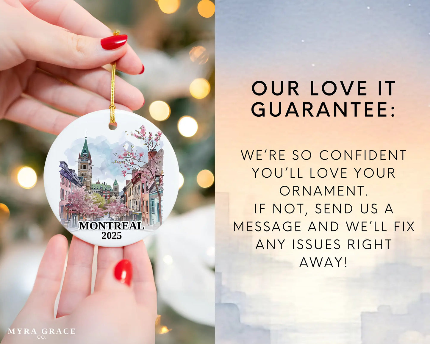 Custom Montreal Quebec ceramic photo ornament with personalized message – handmade Christmas bauble, gift souvenir, or vacation keepsake. Love it guarantee