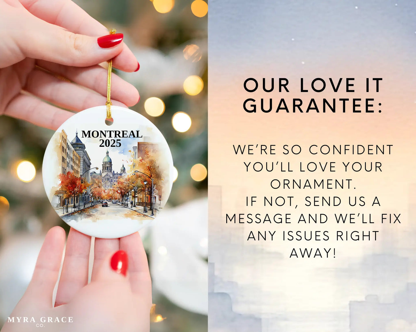Custom Montreal Quebec ceramic photo ornament with personalized message – handmade Christmas bauble, gift souvenir, or vacation keepsake. Love it guarantee