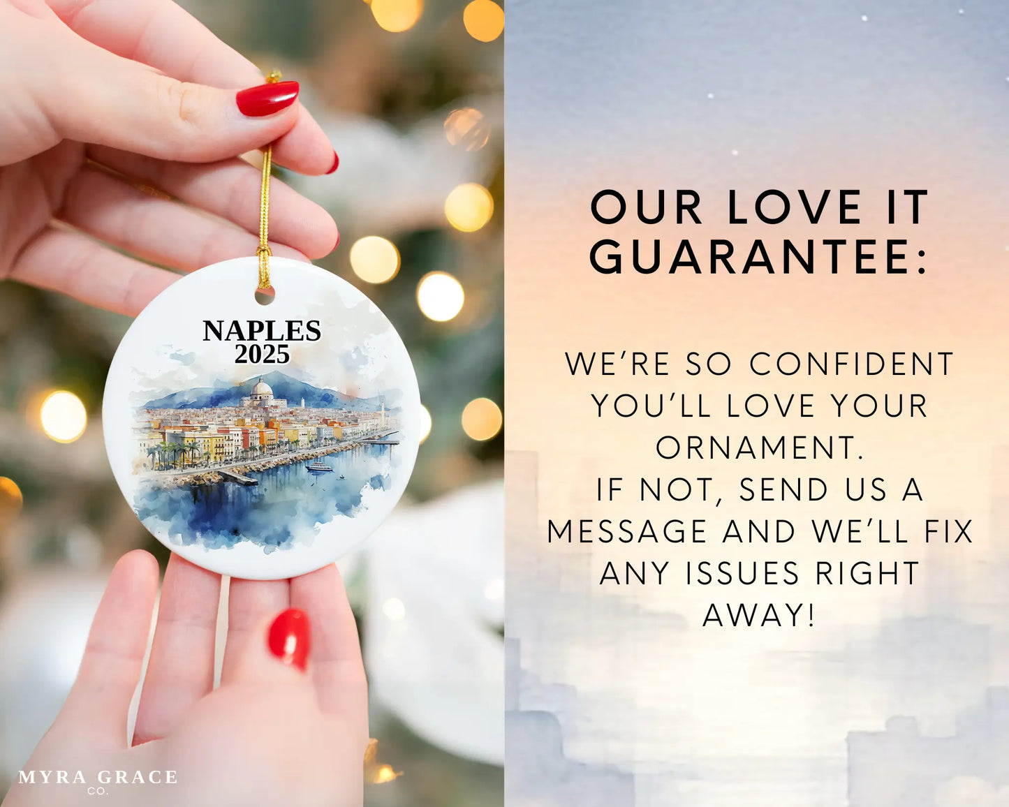 Custom Naples Italy ceramic photo ornament with personalized message – handmade Christmas bauble, gift souvenir, or vacation keepsake. Love it guarantee