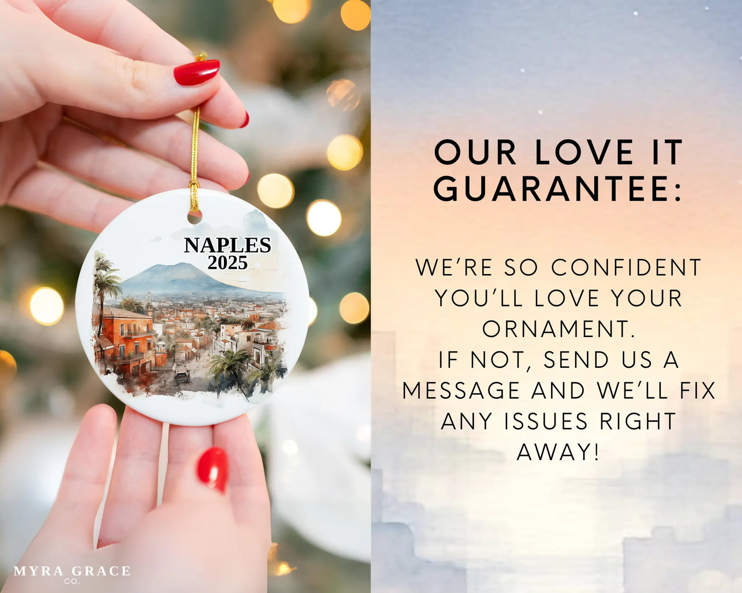 Custom Naples Italy ceramic photo ornament with personalized message – handmade Christmas bauble, gift souvenir, or vacation keepsake. Love it guarantee