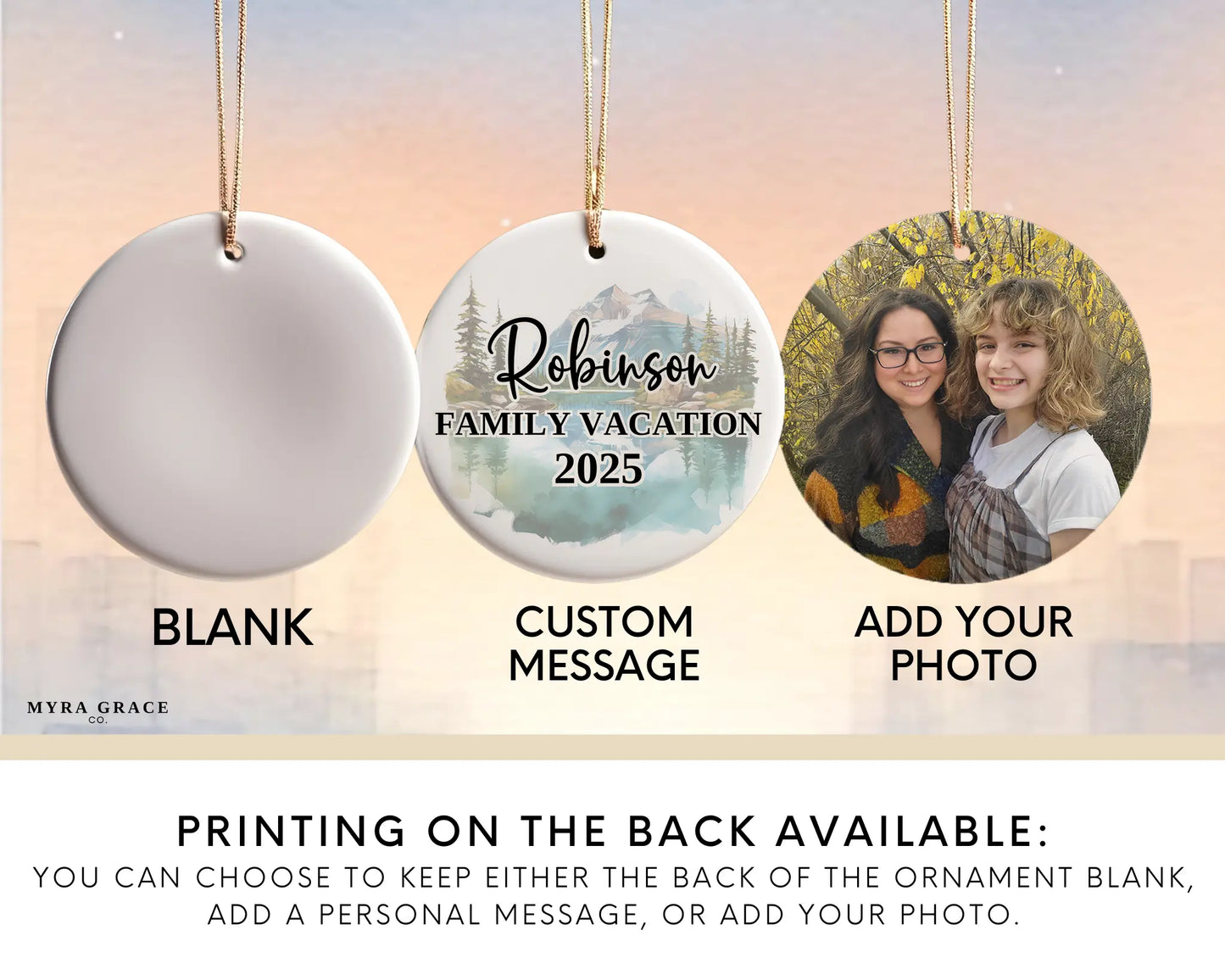 Custom vacation Banff Canada ceramic photo ornament with personalized message – handmade Christmas bauble, gift souvenir, or vacation keepsake. Add your photo