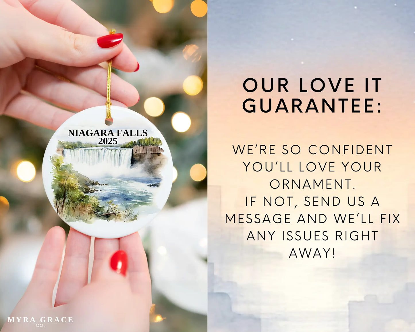 Custom Niagara Falls ceramic photo ornament with personalized message – handmade Christmas bauble, gift souvenir, or vacation keepsake. Love it guarantee