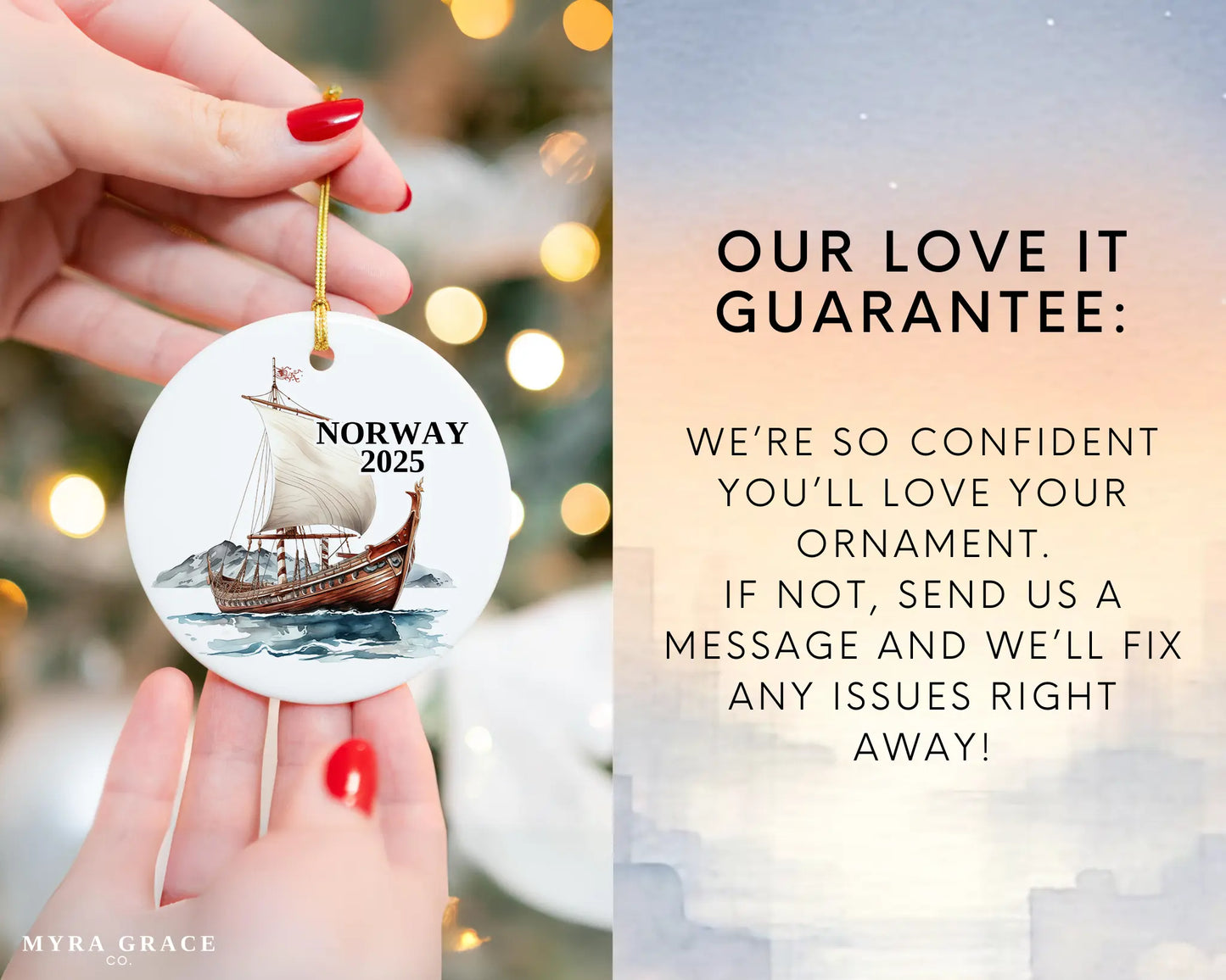 Custom Norway Vikings ceramic photo ornament with personalized message – handmade Christmas bauble, gift souvenir, or vacation keepsake. Love it guarantee