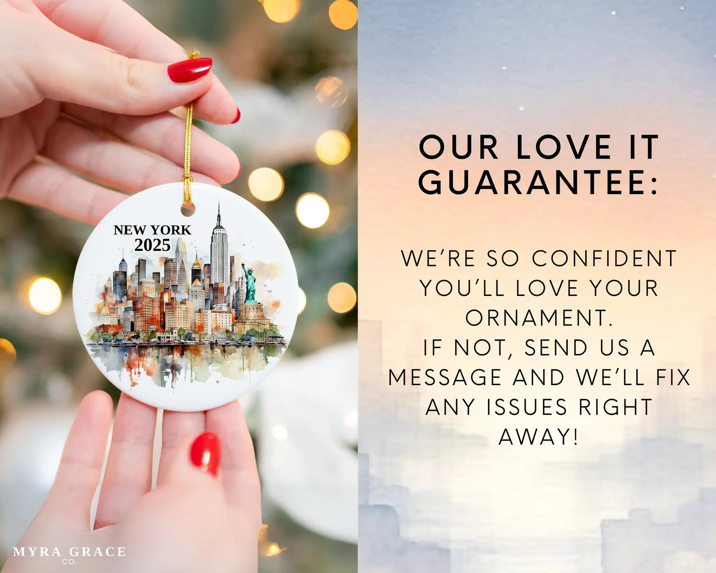 Custom New York NYC ceramic photo ornament with personalized message – handmade Christmas bauble, gift souvenir, or vacation keepsake. Love it guarantee