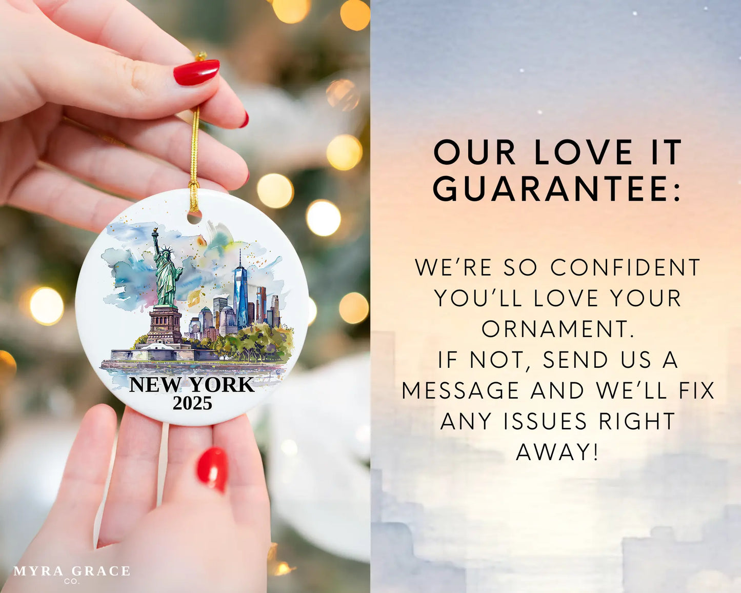 Custom New York Statue of Liberty ceramic photo ornament with personalized message – handmade Christmas bauble, gift souvenir, or vacation keepsake. Love it guarantee