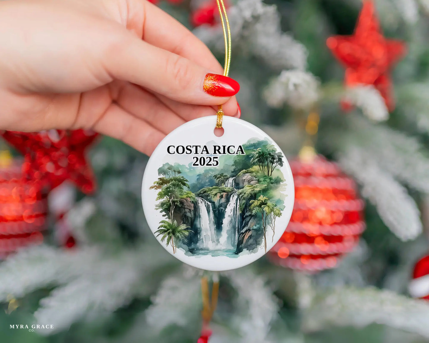 Custom Costa Rica ceramic photo ornament with personalized message – handmade Christmas bauble, gift souvenir, or vacation keepsake.
