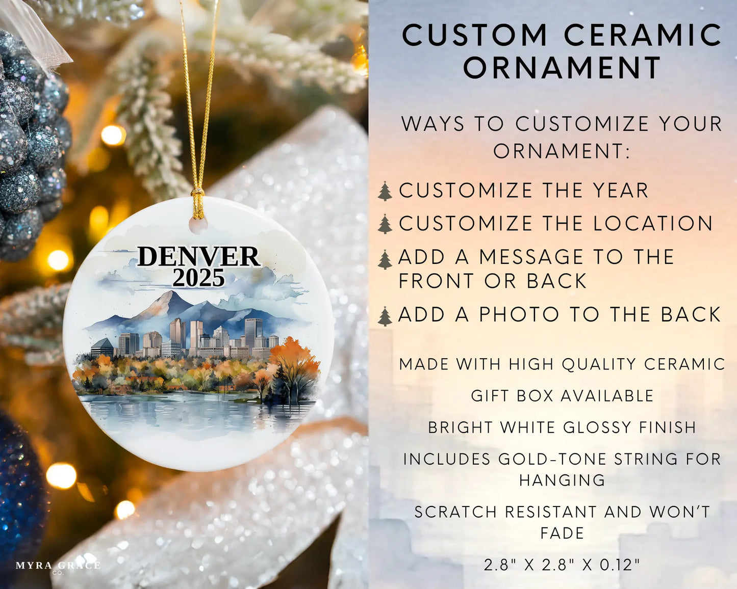 Custom Denver ceramic photo ornament with personalized message – handmade Christmas bauble, gift souvenir, or vacation keepsake. Infographic