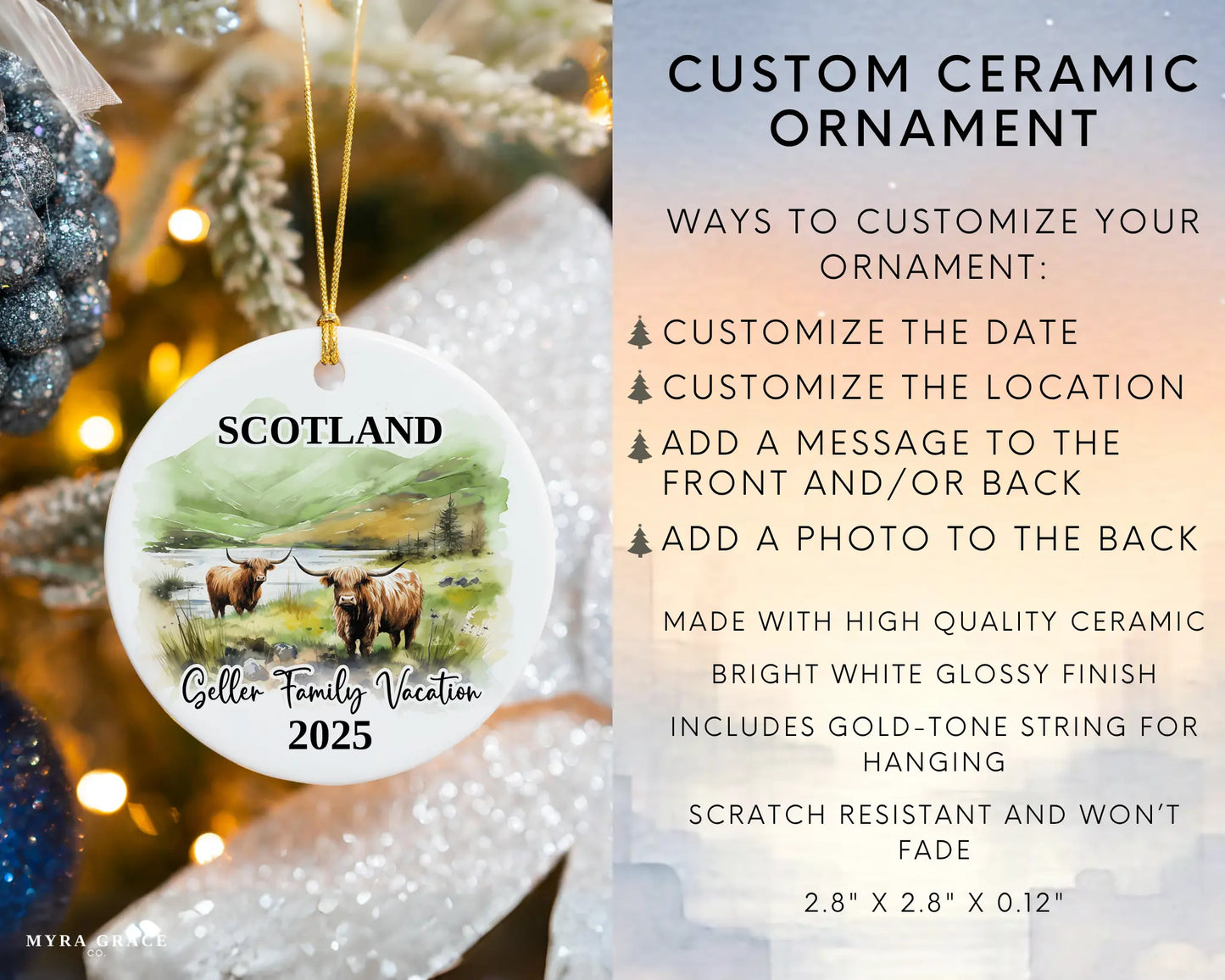 Custom vacation Scotland Highland Cows ceramic photo ornament with personalized message – handmade Christmas bauble, gift souvenir, or vacation keepsake. Infographic