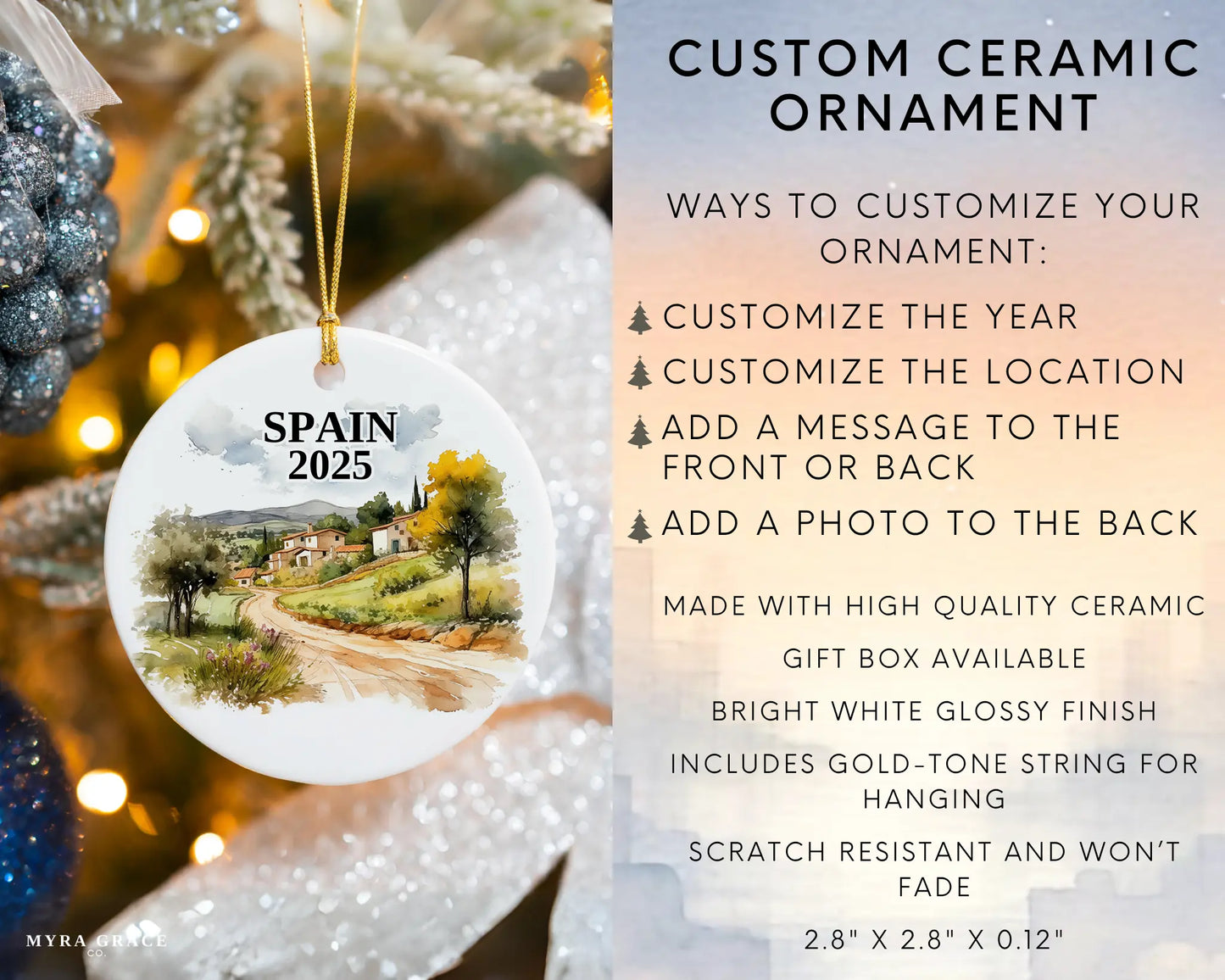 Custom Spain ceramic photo ornament with personalized message – handmade Christmas bauble, gift souvenir, or vacation keepsake. Infographic