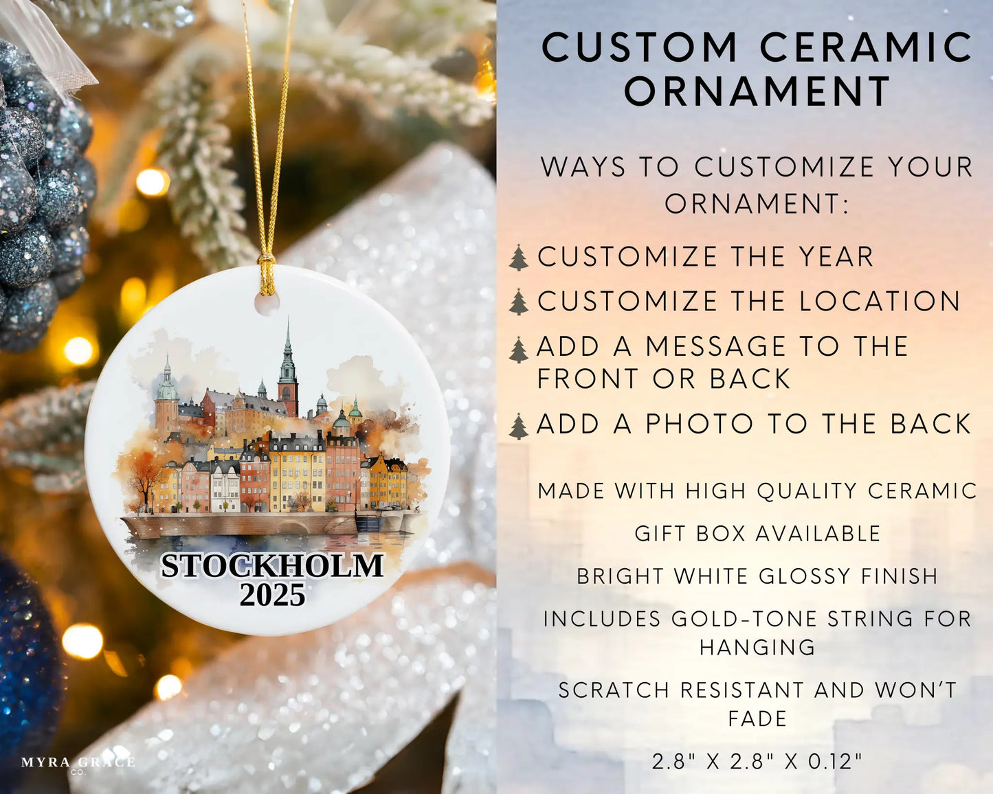 Custom Stockholm Sweden ceramic photo ornament with personalized message – handmade Christmas bauble, gift souvenir, or vacation keepsake. Infographic