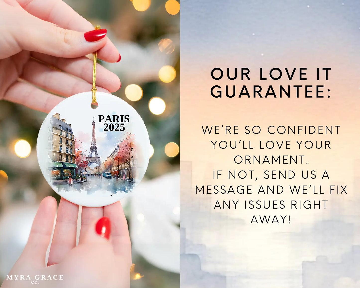 Custom Paris France ceramic photo ornament with personalized message – handmade Christmas bauble, gift souvenir, or vacation keepsake. Love it guarantee
