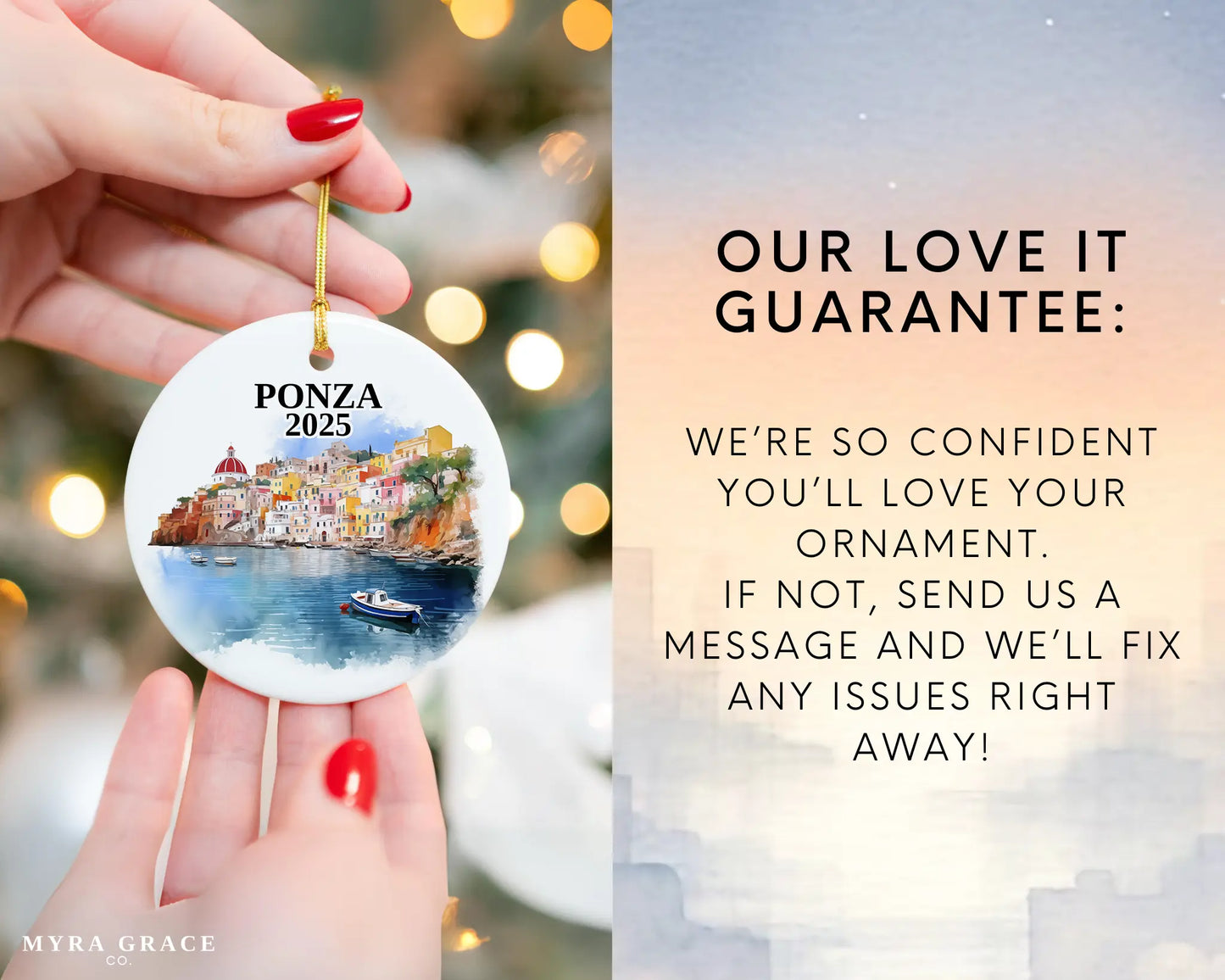 Custom Ponza Italy ceramic photo ornament with personalized message – handmade Christmas bauble, gift souvenir, or vacation keepsake. Love it guarantee