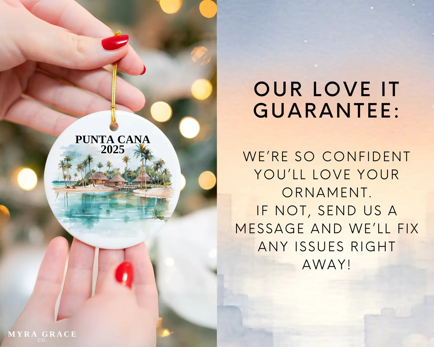 Custom Punta Cana ceramic photo ornament with personalized message – handmade Christmas bauble, gift souvenir, or vacation keepsake. Love it guarantee
