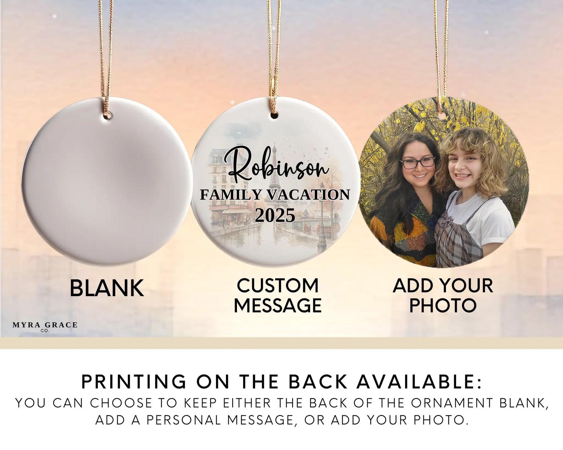 Custom vacation Paris France ceramic photo ornament with personalized message – handmade Christmas bauble, gift souvenir, or vacation keepsake. Add your photo