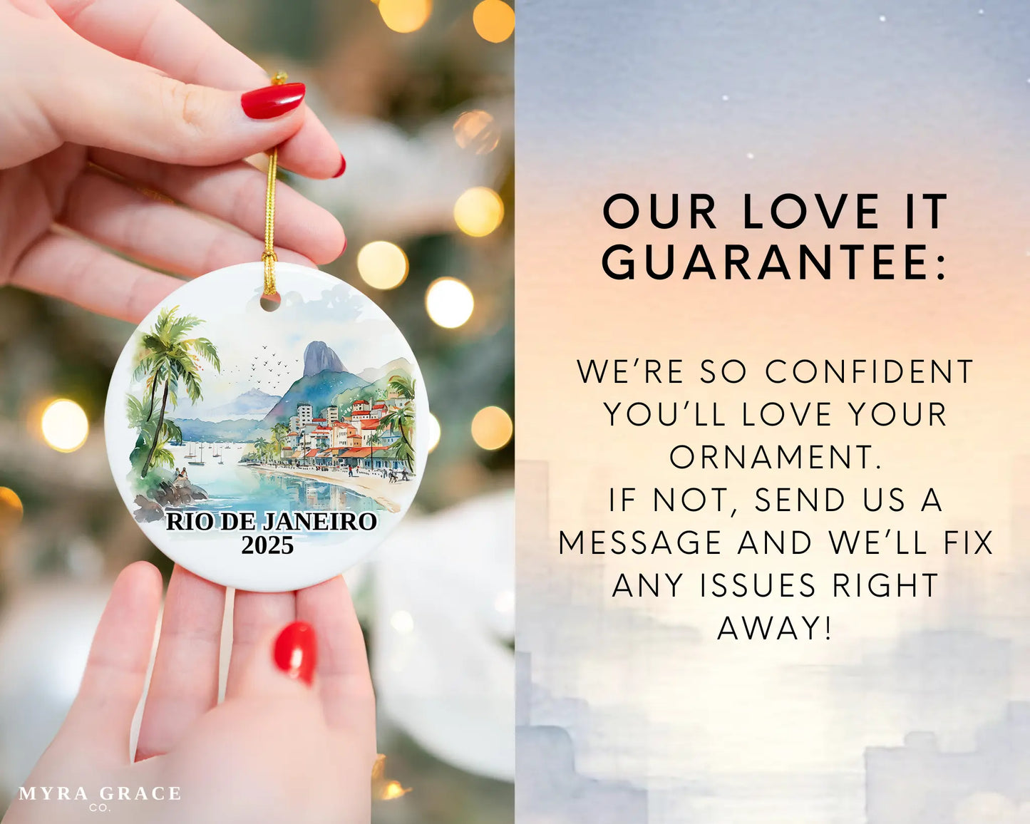 Custom Rio De Janeiro Brazil ceramic photo ornament with personalized message – handmade Christmas bauble, gift souvenir, or vacation keepsake. Love it guarantee