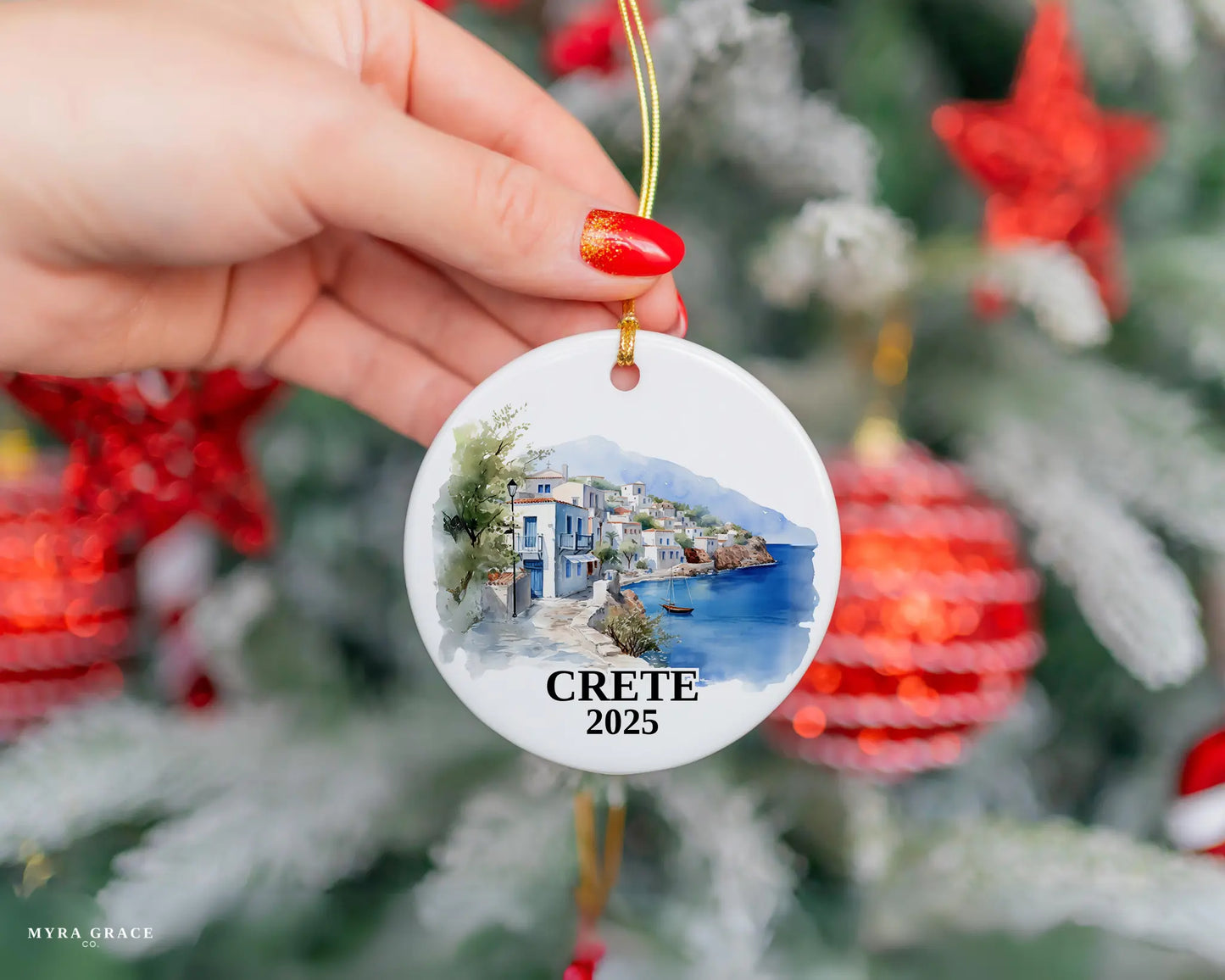 Custom Crete ceramic photo ornament with personalized message – handmade Christmas bauble, gift souvenir, or vacation keepsake.
