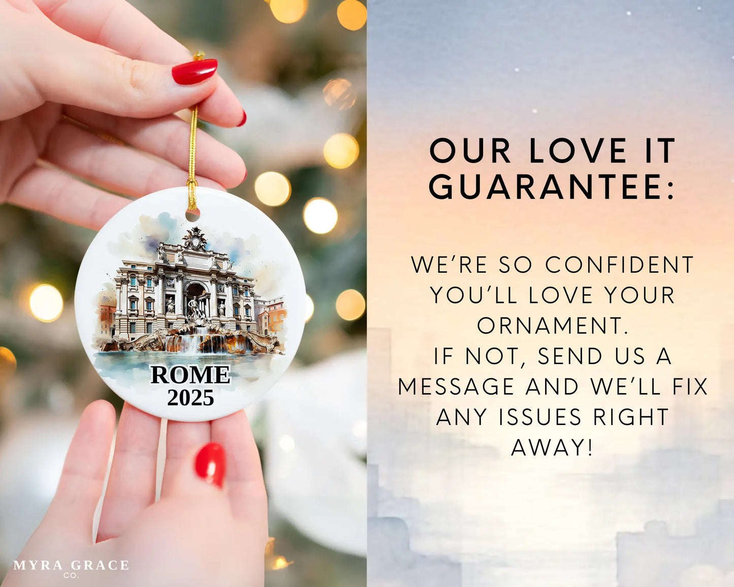 Custom Rome Trevi Fountain ceramic photo ornament with personalized message – handmade Christmas bauble, gift souvenir, or vacation keepsake. Love it guarantee