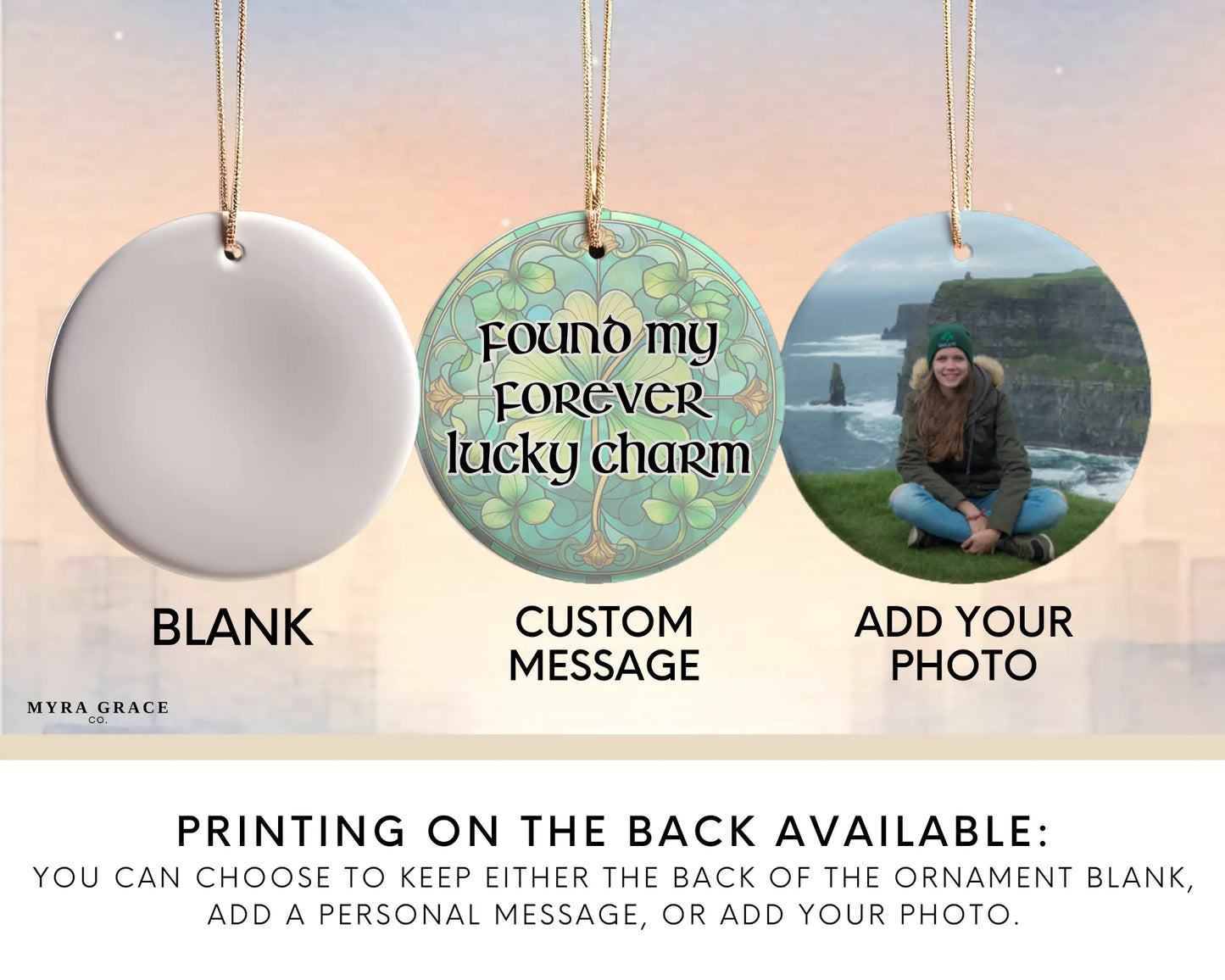 Ceramic ornament with shamrocks and clovers – non-customizable lucky charm gift or seasonal keepsake. Add your photo