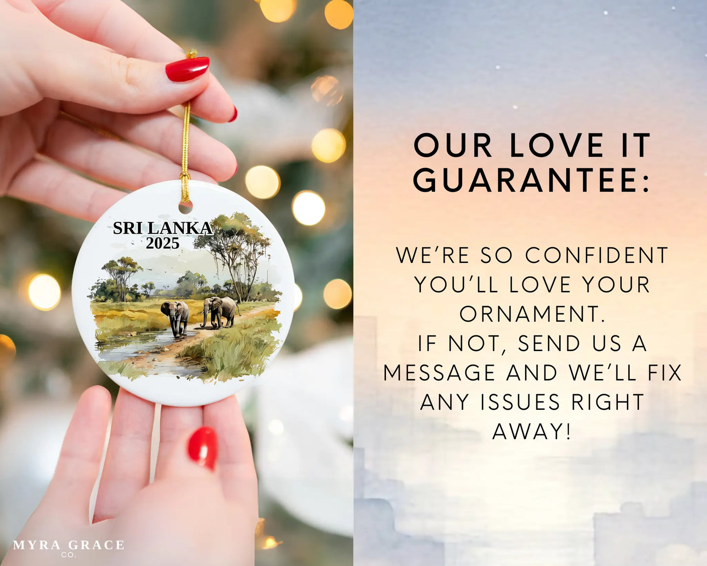 Custom Sri Lanka ceramic photo ornament with personalized message – handmade Christmas bauble, gift souvenir, or vacation keepsake. Love it guarantee