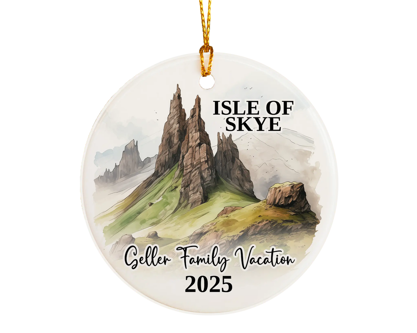 Custom vacation Isle of Skye Scotland ceramic photo ornament with personalized message – handmade Christmas bauble, gift souvenir, or vacation keepsake.