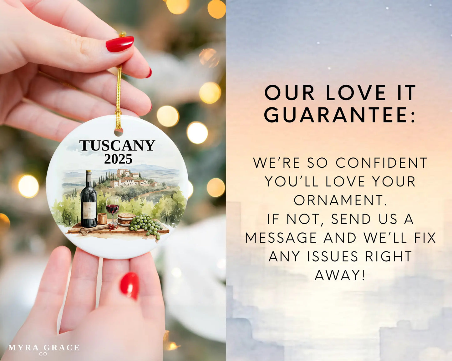 Custom Tuscany Italy Vineyard ceramic photo ornament with personalized message – handmade Christmas bauble, gift souvenir, or vacation keepsake. Love it guarantee