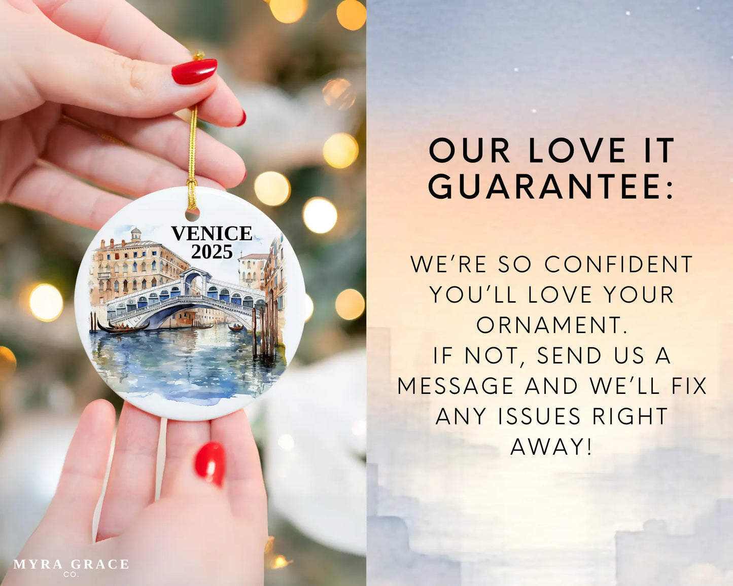 Custom Venice Italy ceramic photo ornament with personalized message – handmade Christmas bauble, gift souvenir, or vacation keepsake. Love it guarantee