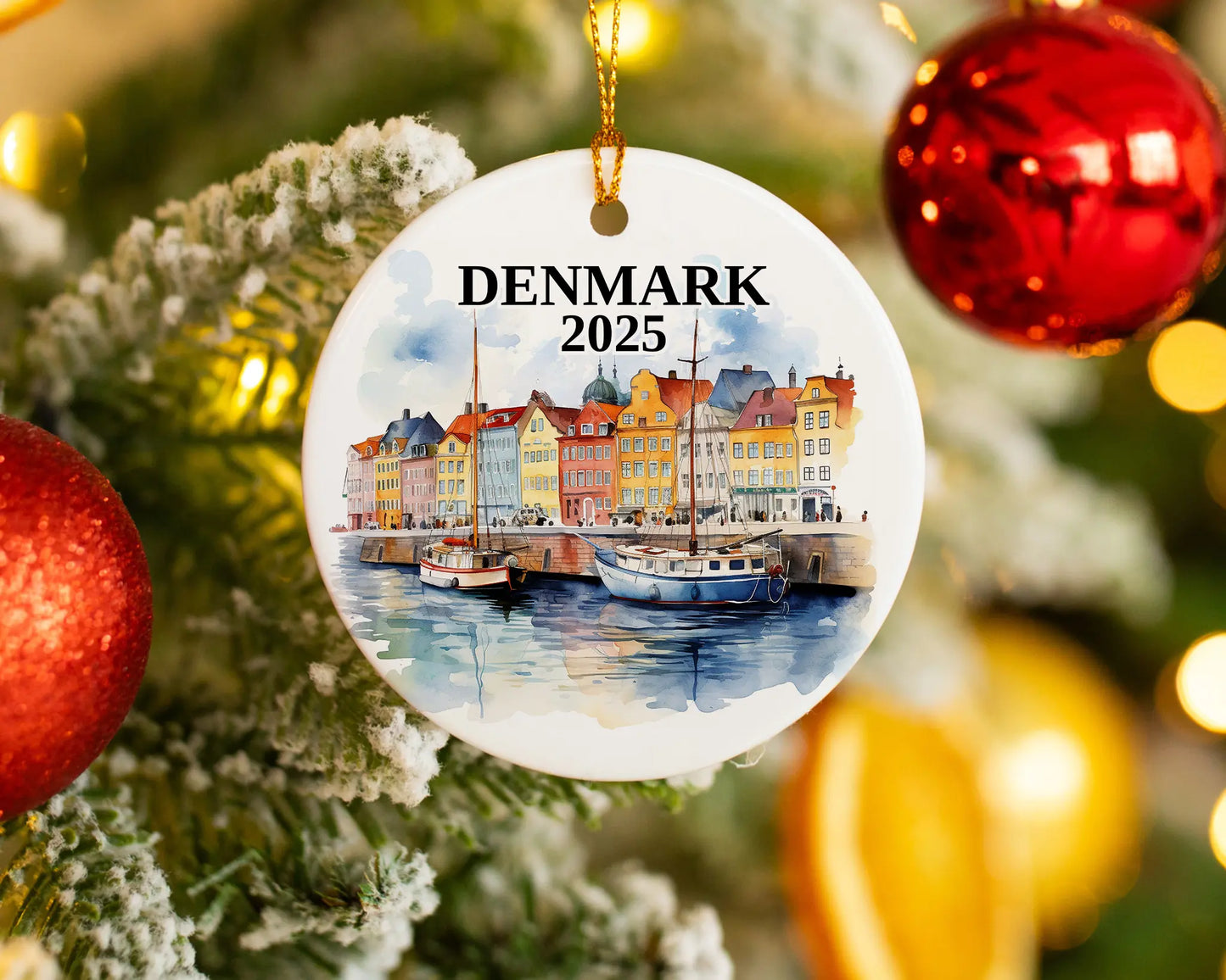 Custom Denmark ceramic photo ornament with personalized message – handmade Christmas bauble, gift souvenir, or vacation keepsake.