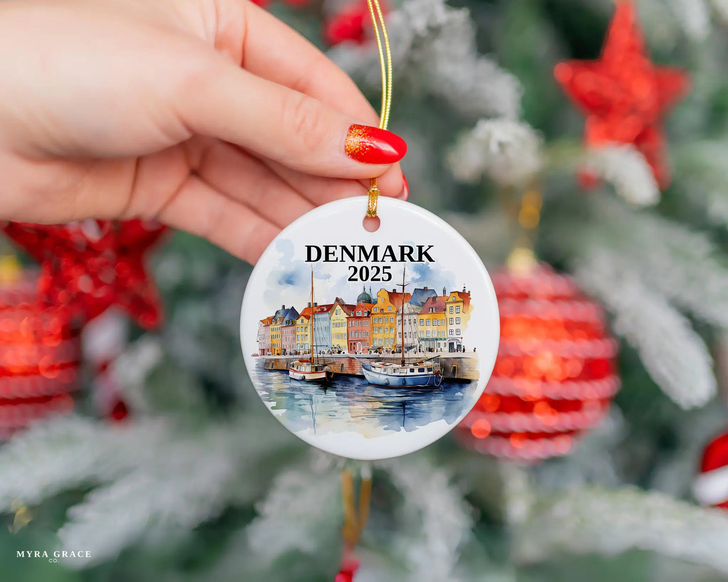 Custom Denmark ceramic photo ornament with personalized message – handmade Christmas bauble, gift souvenir, or vacation keepsake.