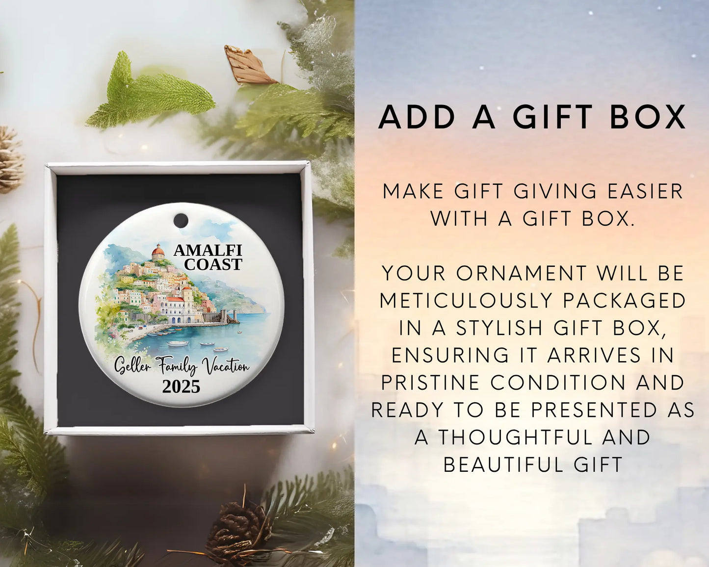 Custom vacation Amalfi Coast Italy ceramic photo ornament with personalized message – handmade Christmas bauble, gift souvenir, or vacation keepsake. Add gift box