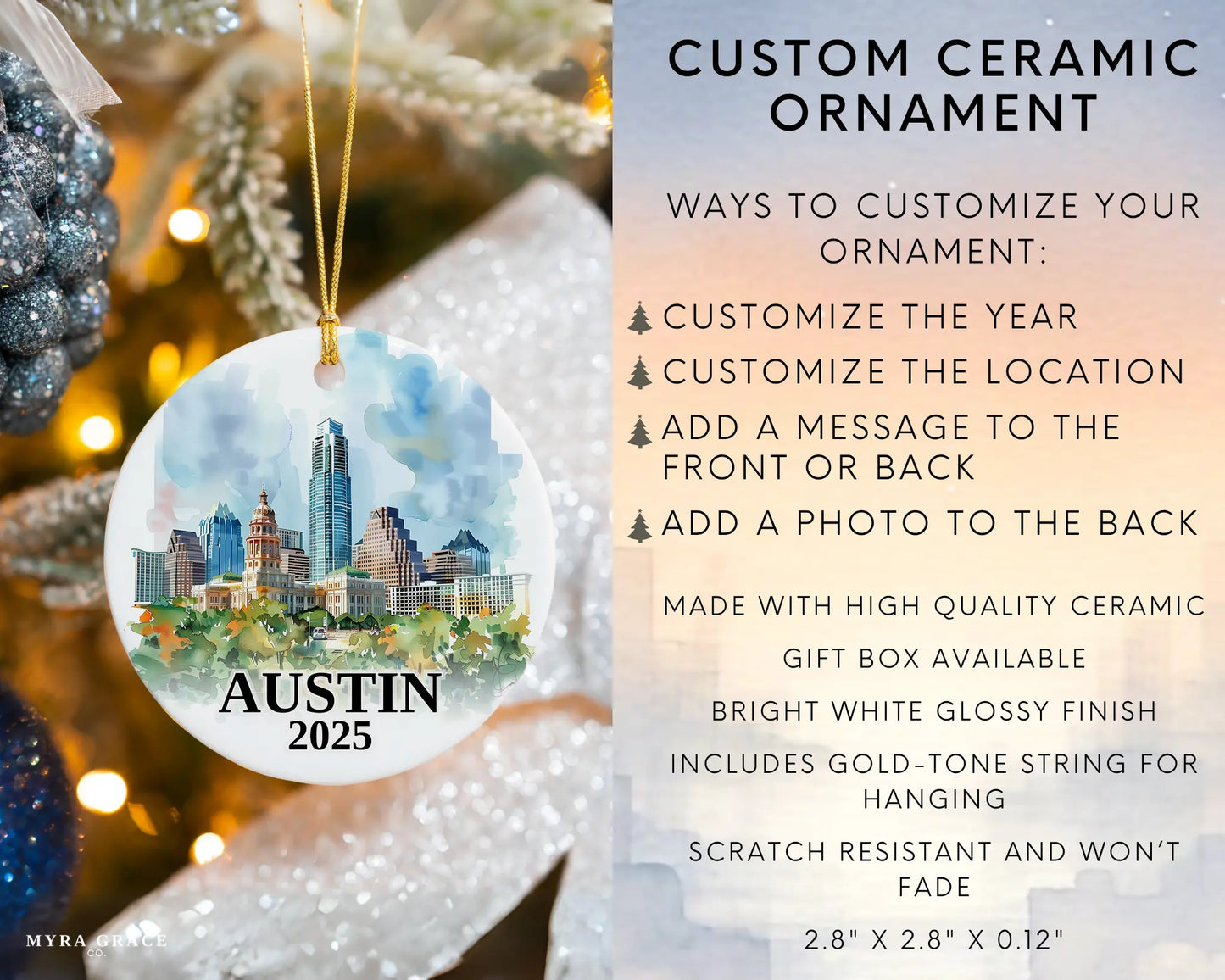 Custom Austin, Texas ceramic photo ornament with personalized message – handmade Christmas bauble, gift souvenir, or vacation keepsake. Infographic