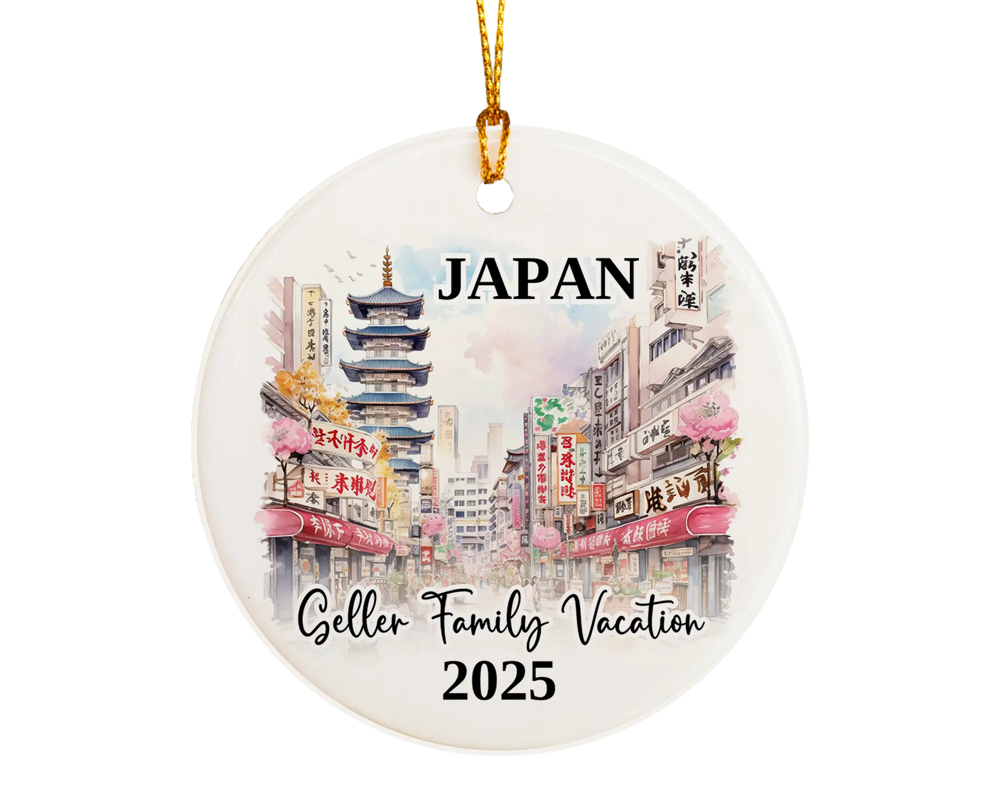 Custom vacation Japan ceramic photo ornament with personalized message – handmade Christmas bauble, gift souvenir, or vacation keepsake.